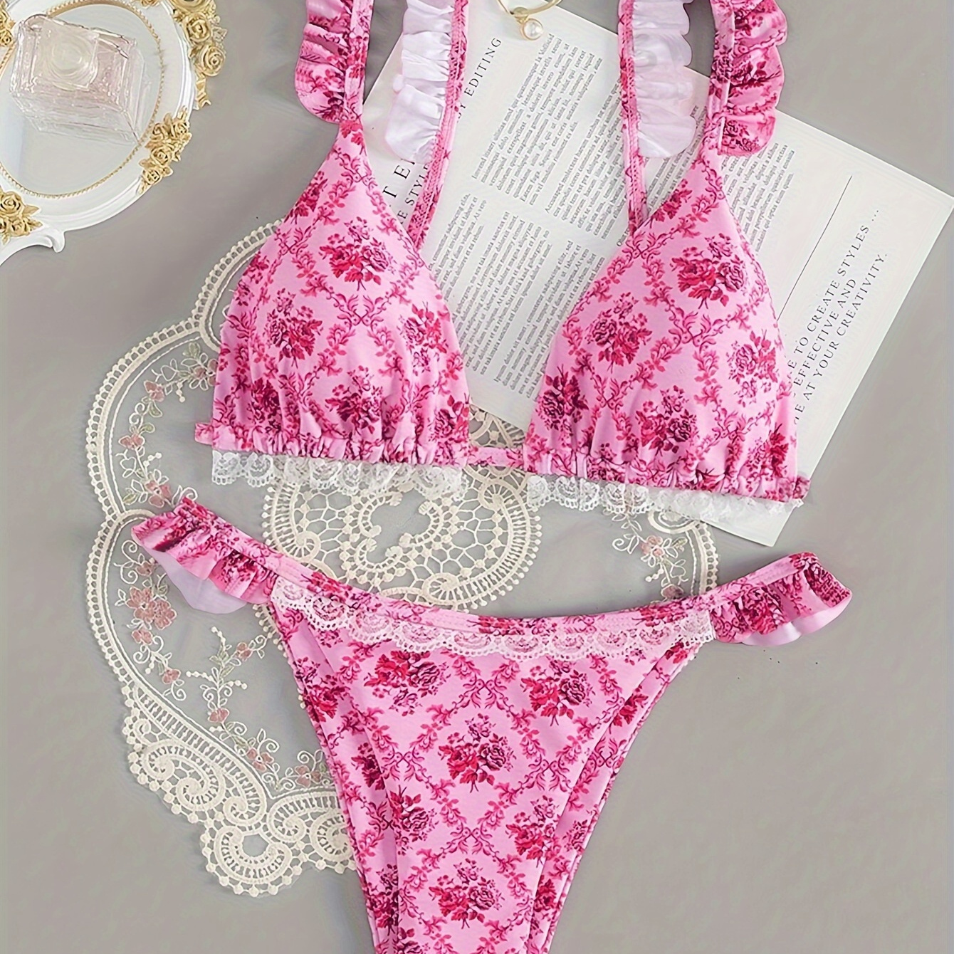 

Frilly Lace Trim Two-piece Bikini Set For Women, Floral Print, Thin Shoulder Straps, Fashionable Beach Swimwear