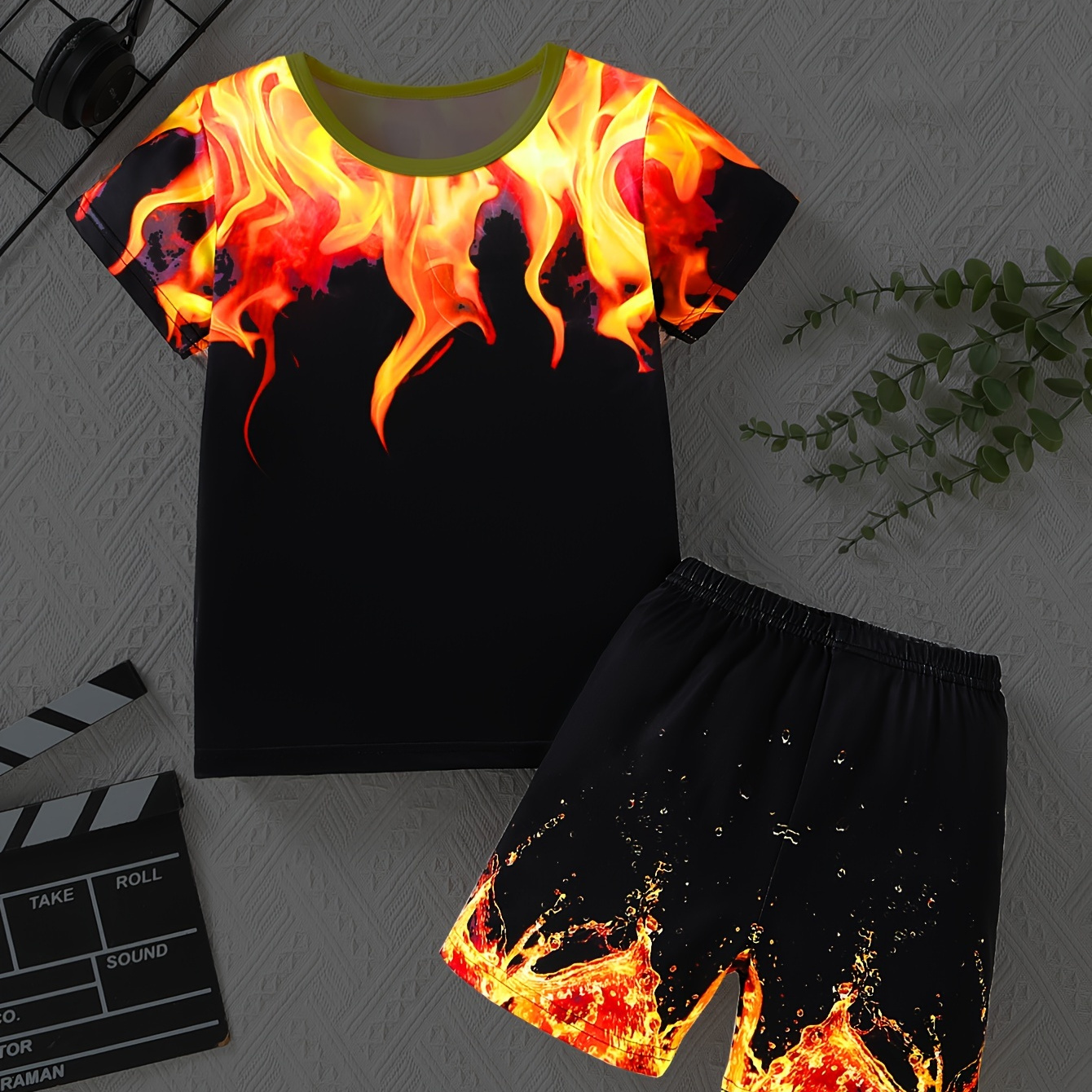 

2pcs Boys Casual Cool Flame And Water 3d Graphic Print Short Sleeve T-shirt & Shorts Set, Comfy Summer Boys Clothes