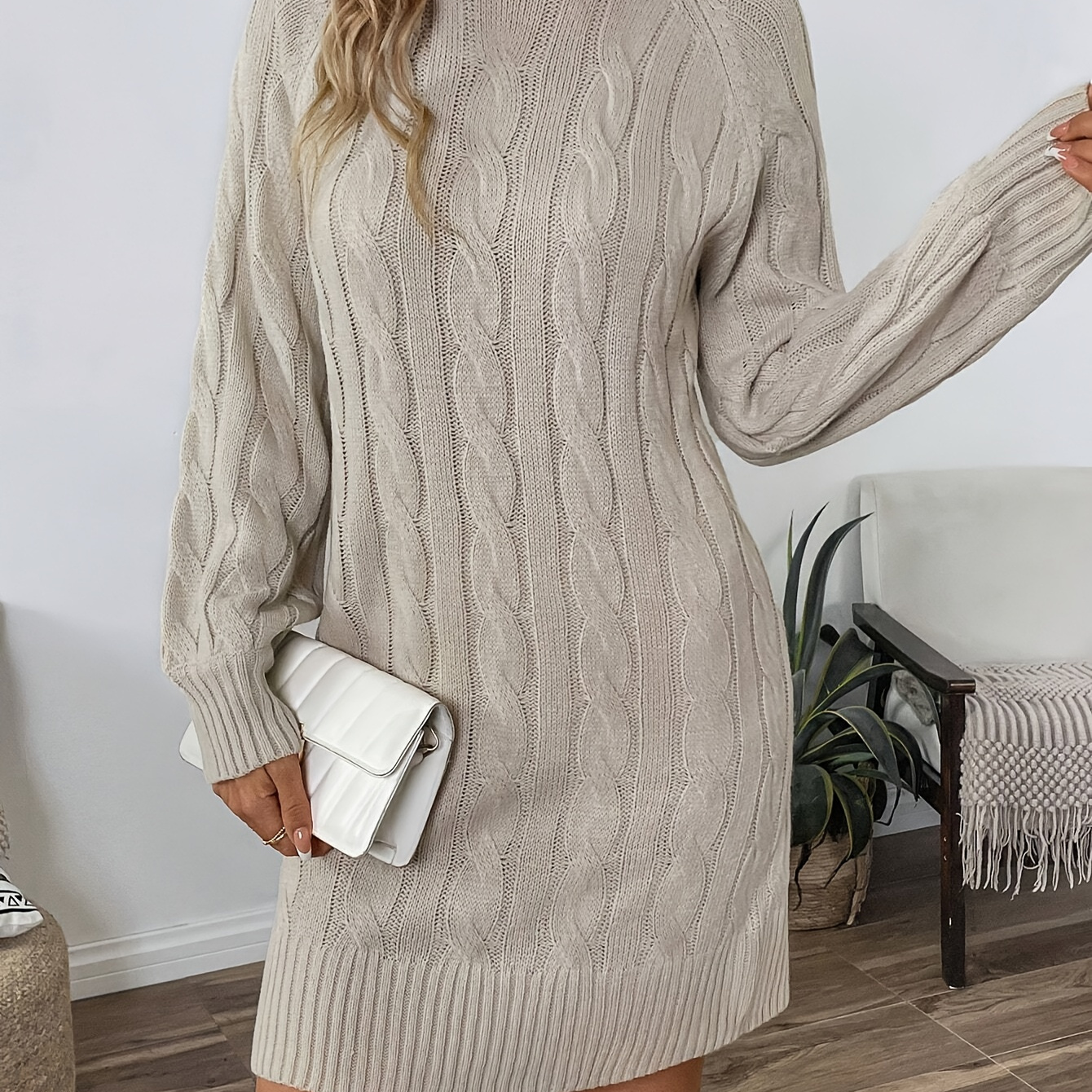 

Elegant Women' Gray Cable Knit Sweater Dress - Mock Neck, Long Sleeve, Cashmere, For All , Ladies Sweaters