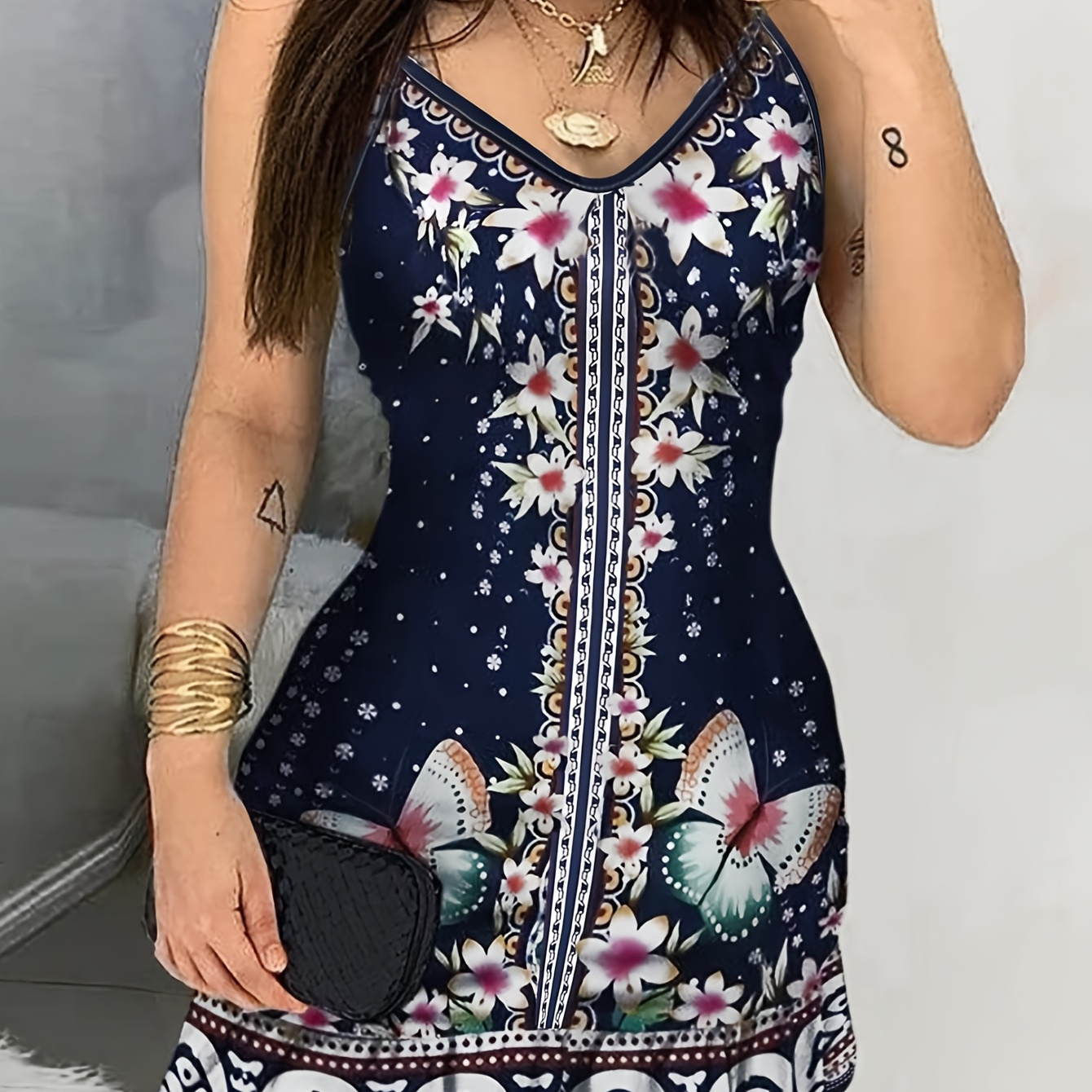 

Chic Floral Print V-neck Dress For Women - Casual Spring/summer Sleeveless Mini With Stretchy Polyester , Machine Washable