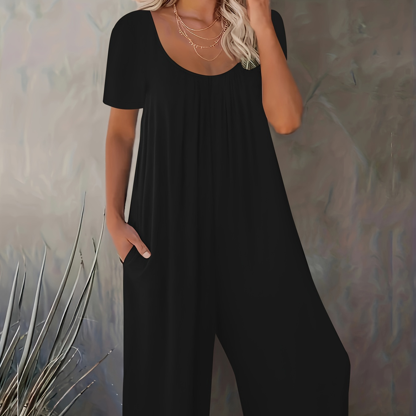 

Solid Crew Neck Loose Jumpsuit, Casual Short Sleeve Jumpsuit For Spring & Summer, Women's Clothing