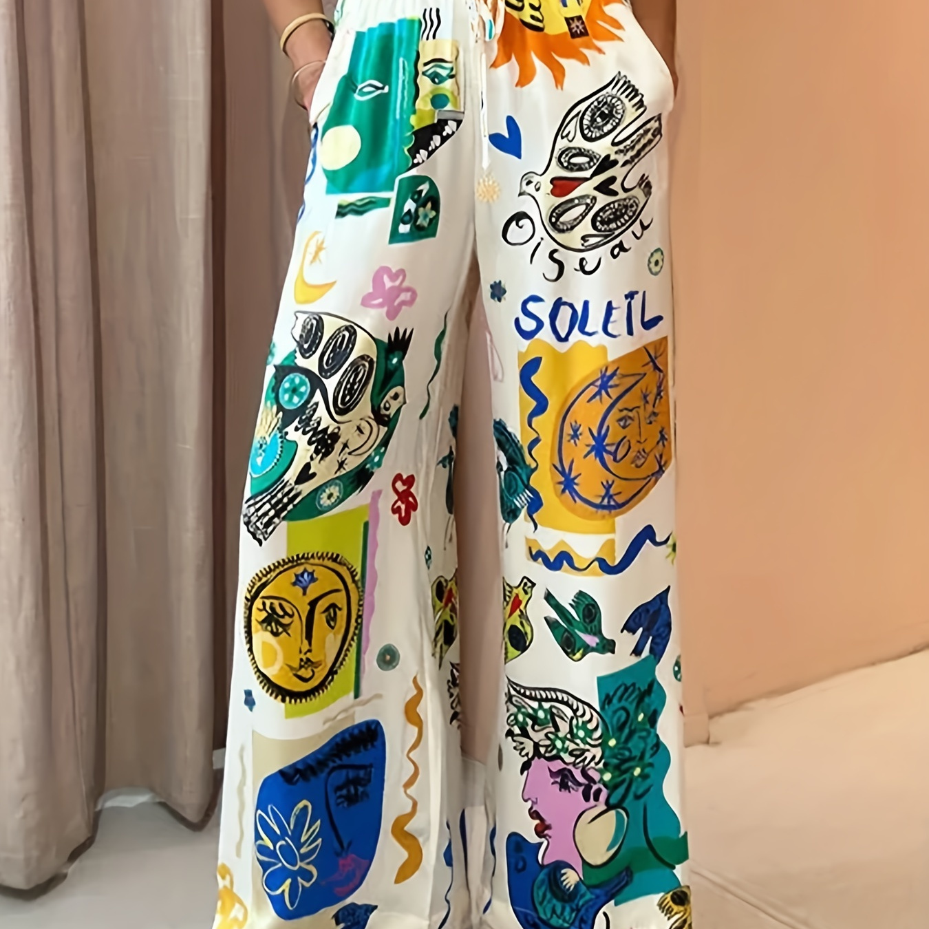 

Pantalon droit à taille élastique avec imprimé graphique, pantalon décontracté à deux poches, vêtements pour femmes