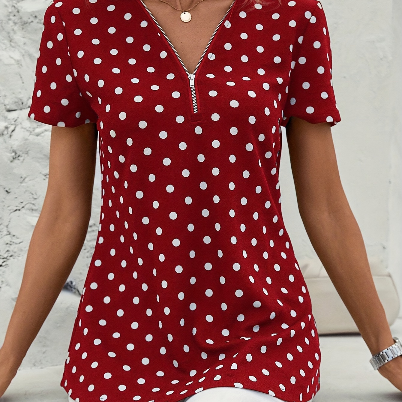 

Polka Dot Print Zipper Blouse, Casual Short Sleeve Top For Spring & Summer, Women's Clothing