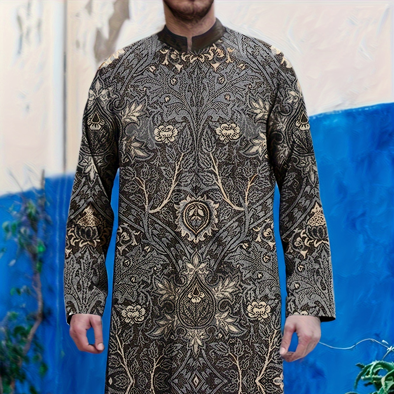

Men's Vintage Style Robe, Casual Stand Collar Long Sleeve Floral Graphic Print Robe For Spring Autumn
