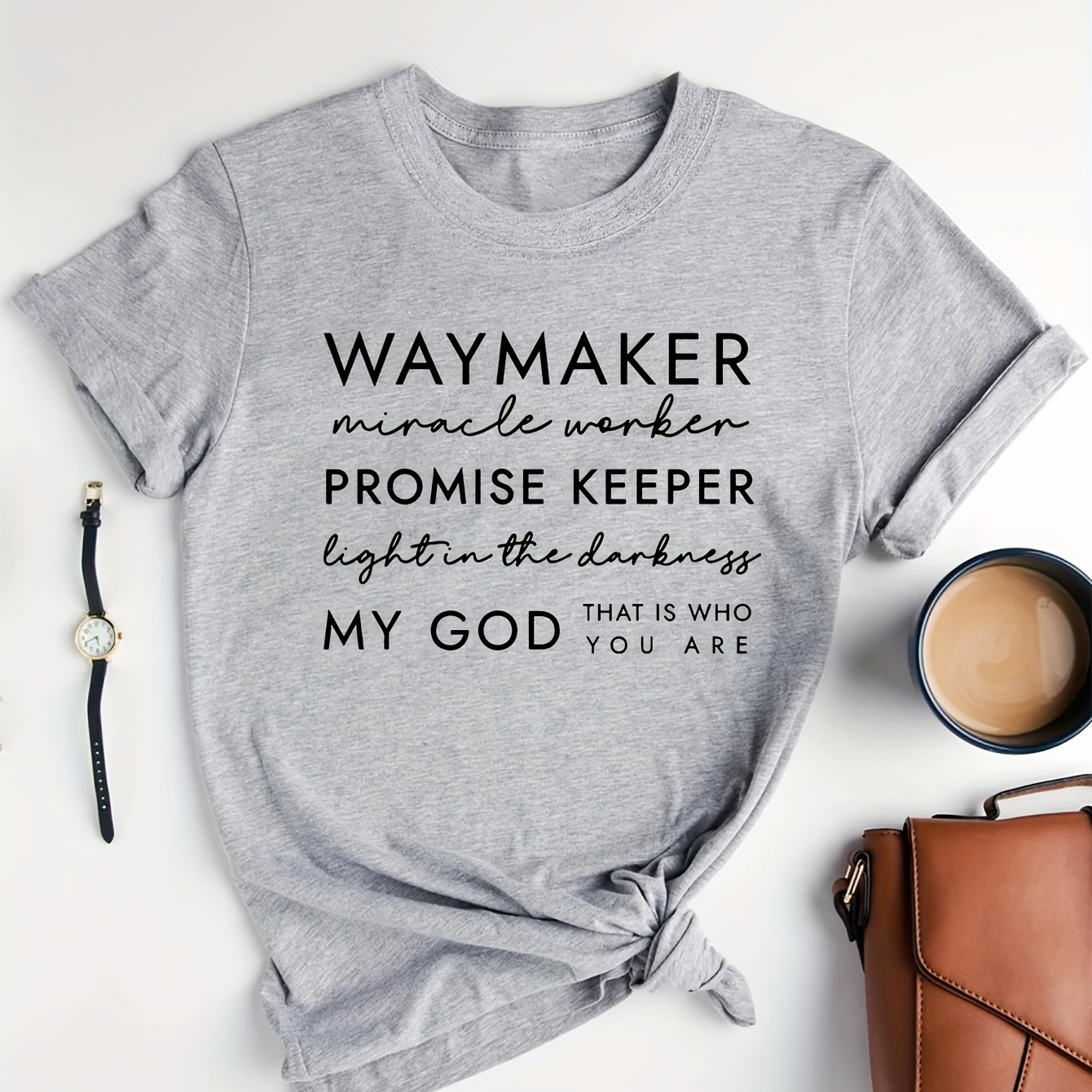 

Waymakes Letter Print T-shirt, Christian Faith Short Sleeve Crew Neck Casual Top For Spring & Summer, Women's Clothing