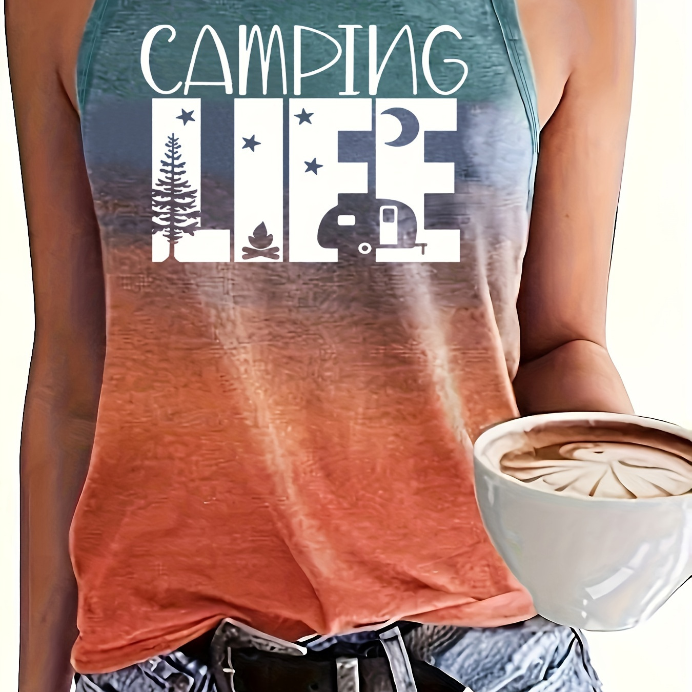 

Women's Polyester & Spandex Tank Top, 95% Polyester 5% Spandex, Knit Fabric, Crew Neck, Alphabet Print, Casual Shirt, 180g/m² Weight, Camping Life Graphic Design