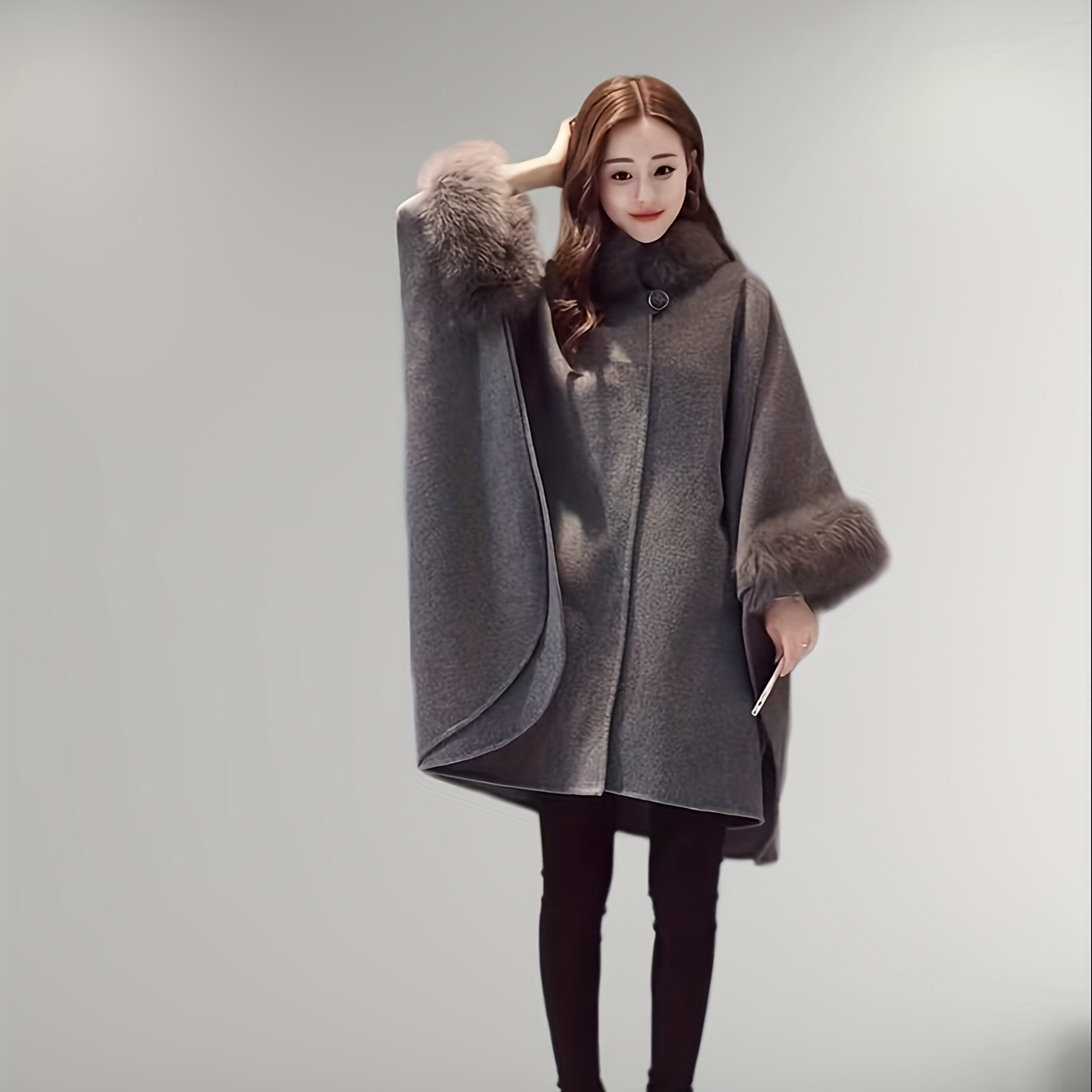 

1pc Elegant Rabbit Fur Collared Cape For Women, Fall/winter Stylish Oversized Trench Coat, Solid Color Polyester With Stretch, Loose Fit Batwing Sleeve Long Poncho With Slit Hem