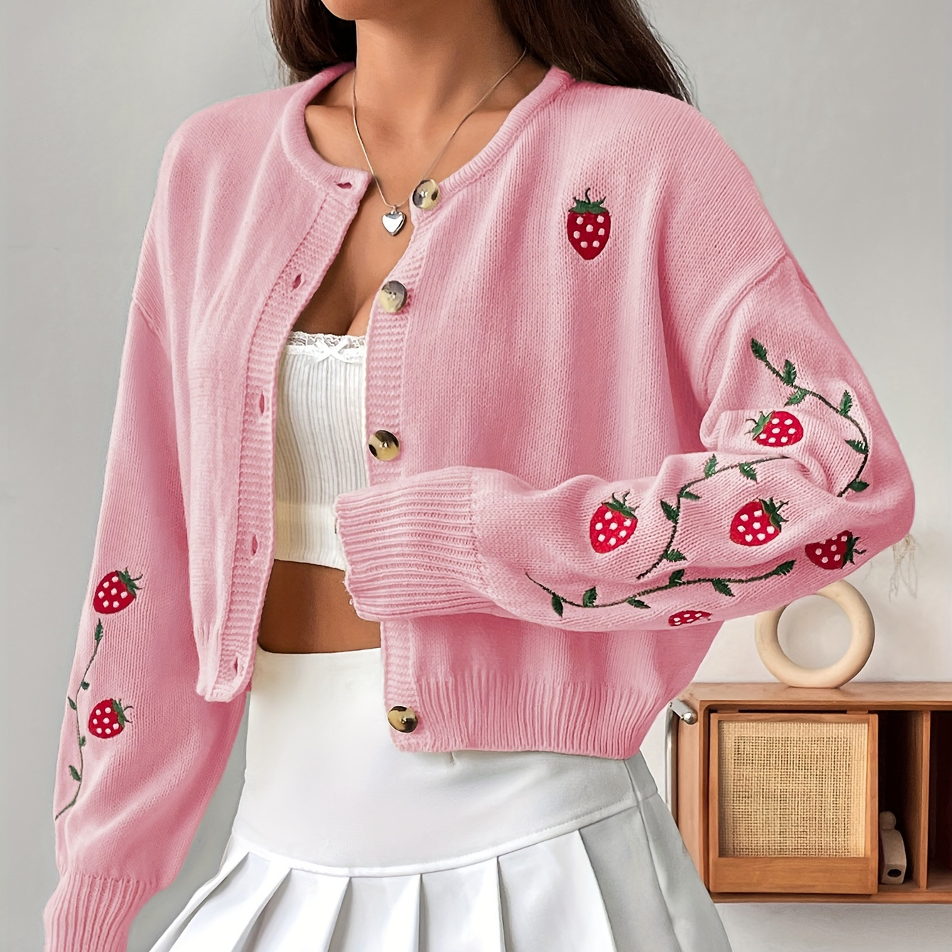 

Strawberry Embroidered Button Up Crop Cardigan, Cute Crew Neck Long Sleeve Cardigan For Spring & Fall, Women's Clothing