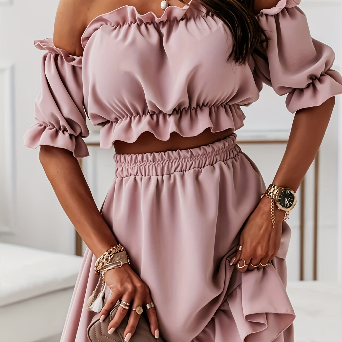 

Solid Ruffle Trim Two-piece Set, Off Shoulder Short Sleeve Tops & Dipped Hem Elastic Waist Skirts Outfits, Women's Clothing