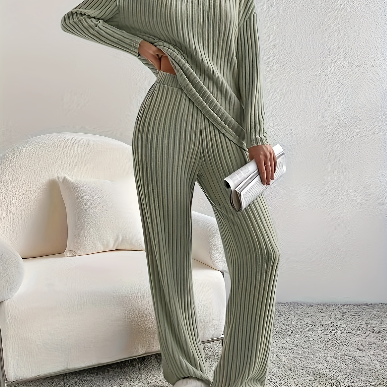 

Plus Size Two- Set, V Long Ribbed Top & Pants Outfits, 's Plus Size Clothing