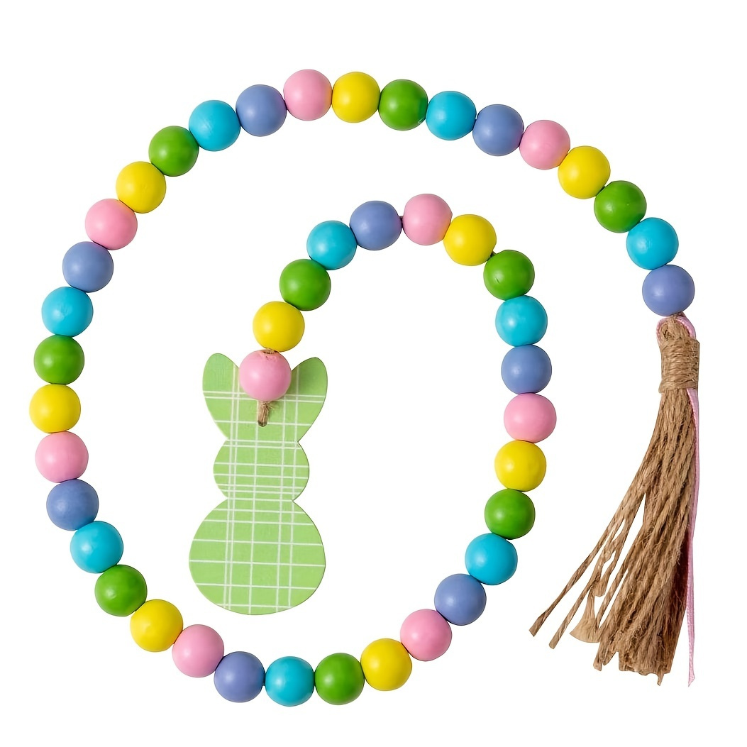 

Easter Bunny Wooden Bead Garland, 33.5" - Pastel Tassel & Checkered , Farmhouse Decor For Home, Tiered Tray, & Wall Display, Rabbit Accessories