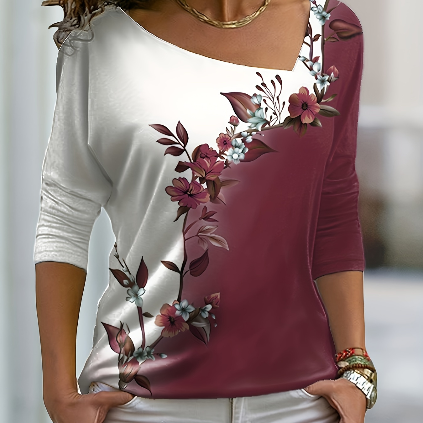 

Chic Women's Floral Print Long Sleeve Top - Casual Asymmetrical Neck, Polyester , Machine Washable - & For Fall, Floral Print Blouse