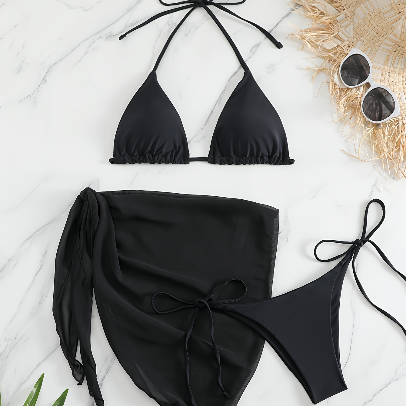 

Ensemble bikini 3 pièces unis, haut de maillot de bain en V avec dos nu à nouer et côtés à nouer, avec cache-maillot, maillots de bain et vêtements de plage pour femmes, haut triangle