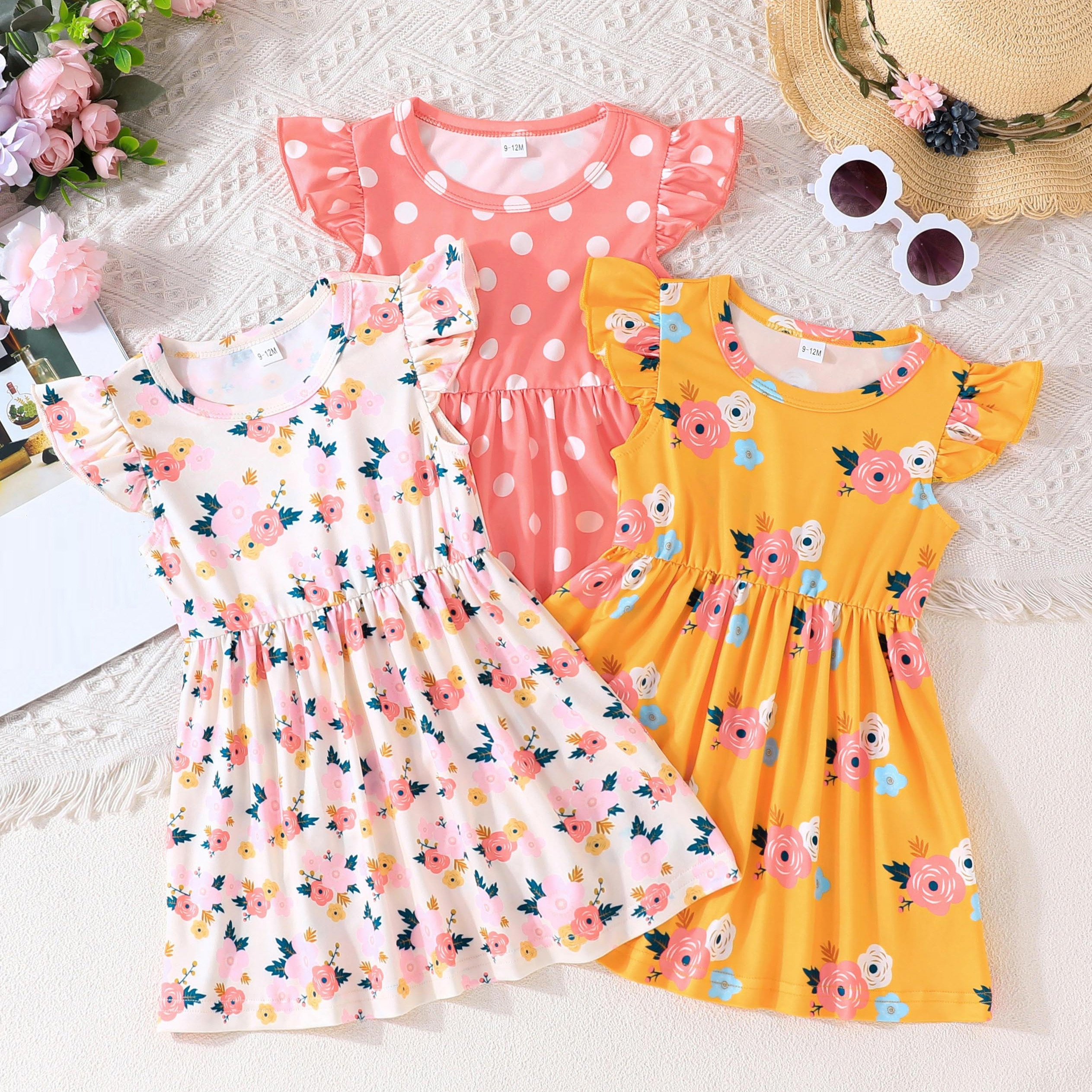 

3pcs Baby's Flower & Polka Dots Pattern Casual Dress, Lovely Cap Sleeve Dress, Infant & Toddler Girl's Clothing For Summer, As Gift