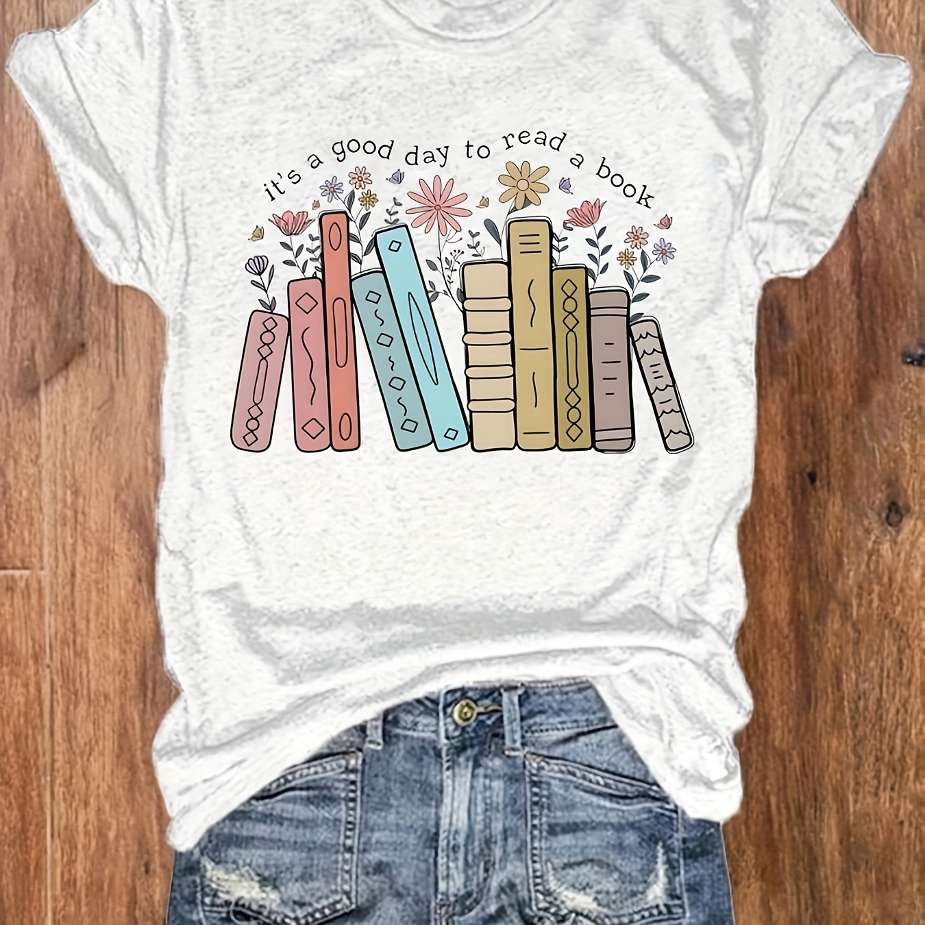 

Book Print T-shirt, Short Sleeve Crew Neck Casual Top For Summer & Spring, Women's Clothing
