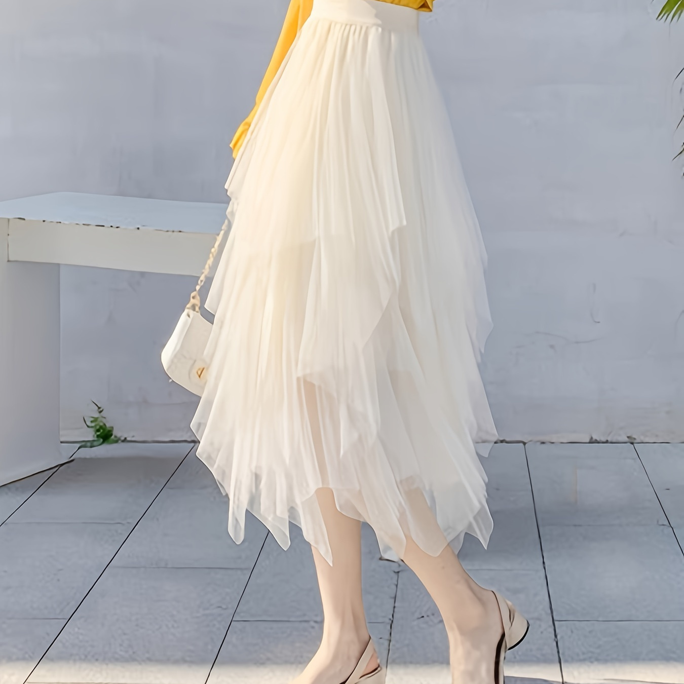 

Solid Color Mesh Layered Skirt, Elegant Elastic Waist Midi Length Skirt, Women's Clothing