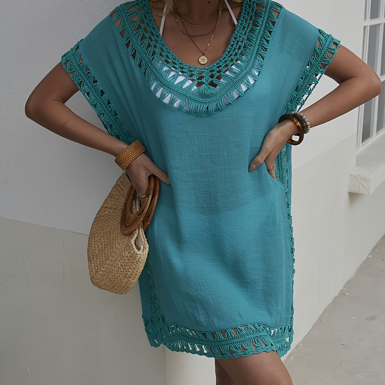 

Solid Color Crochet Cover Up Dress, V Neck Loose Fit Beach Dress Without Bikini, Women's Swimwear & Clothing