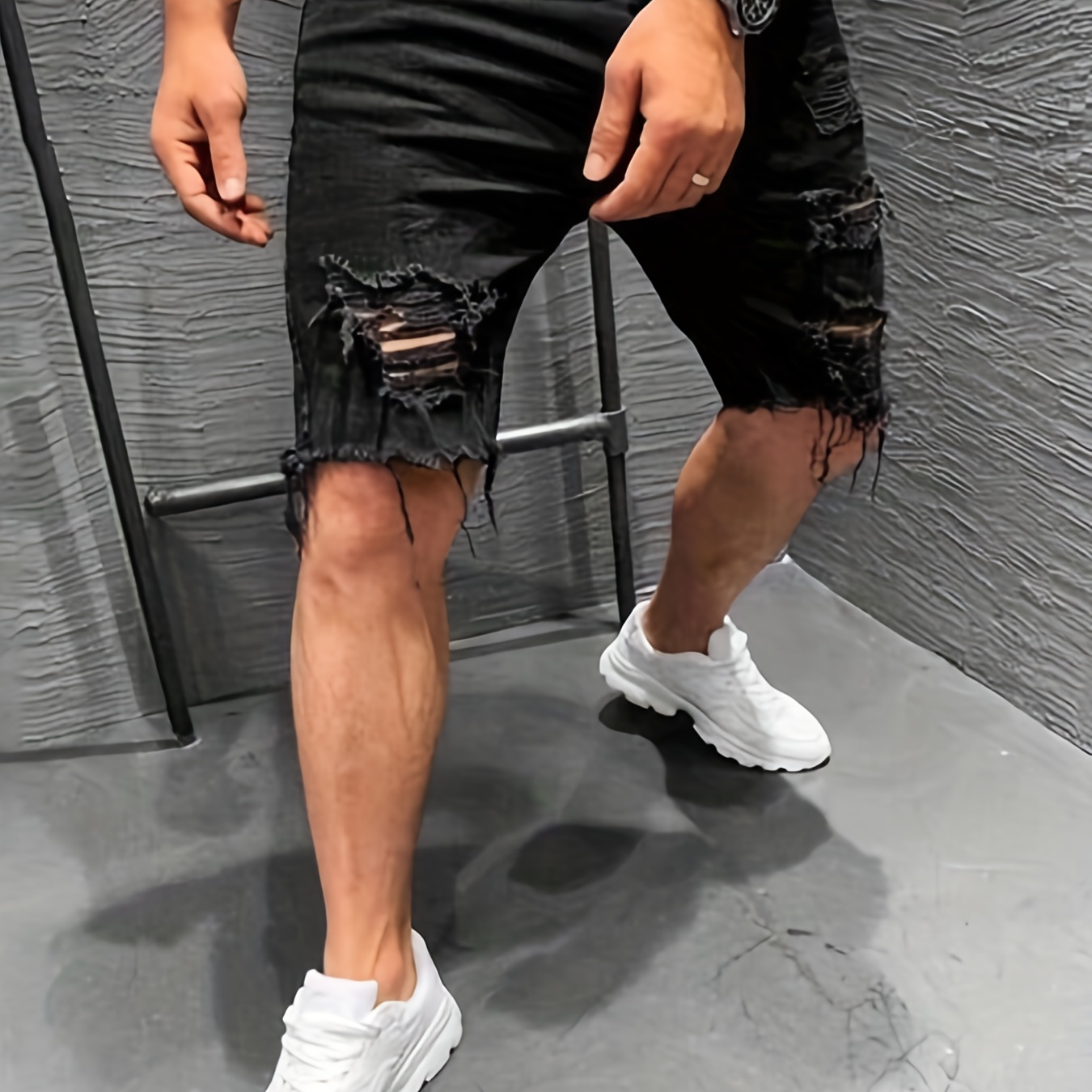 

Regular Fit Ripped Denim Shorts, Men's Casual Street Style Stretch Denim Shorts For Summer Jorts, Bermuda Shorts