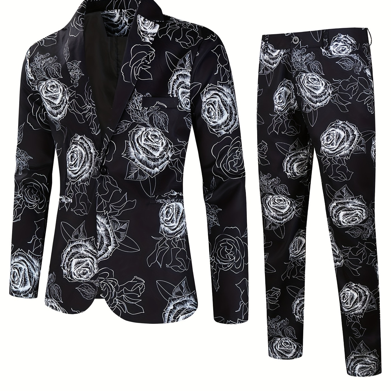 

Rose Full Body Print, Men's Business Suit, Trendy Suit Jacket And Formal Business Trousers