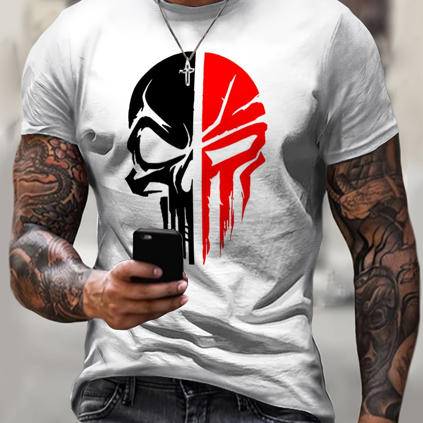 

Men's Stylish Skull Pattern Shirt, Casual Breathable Crew Neck Short Sleeve Tee Top For City Walk Street Hanging Outdoor Activities