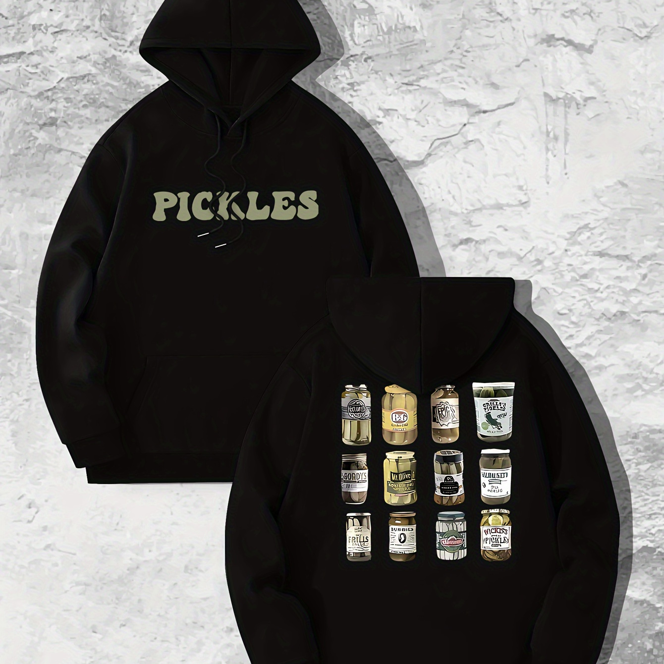 

Pickles Print Kangaroo Pocket Hoodie, Casual Long Sleeve Hoodies Pullover Sweatshirt, Men's Clothing, For Fall Winter