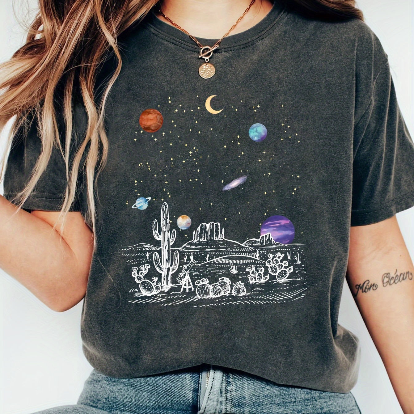 

1pc Viscose Casual T-shirt With Stars, Moon, And Print - Crew Neck, Short Sleeve, Stretch Knit Fabric, Regular Fit Tee For All