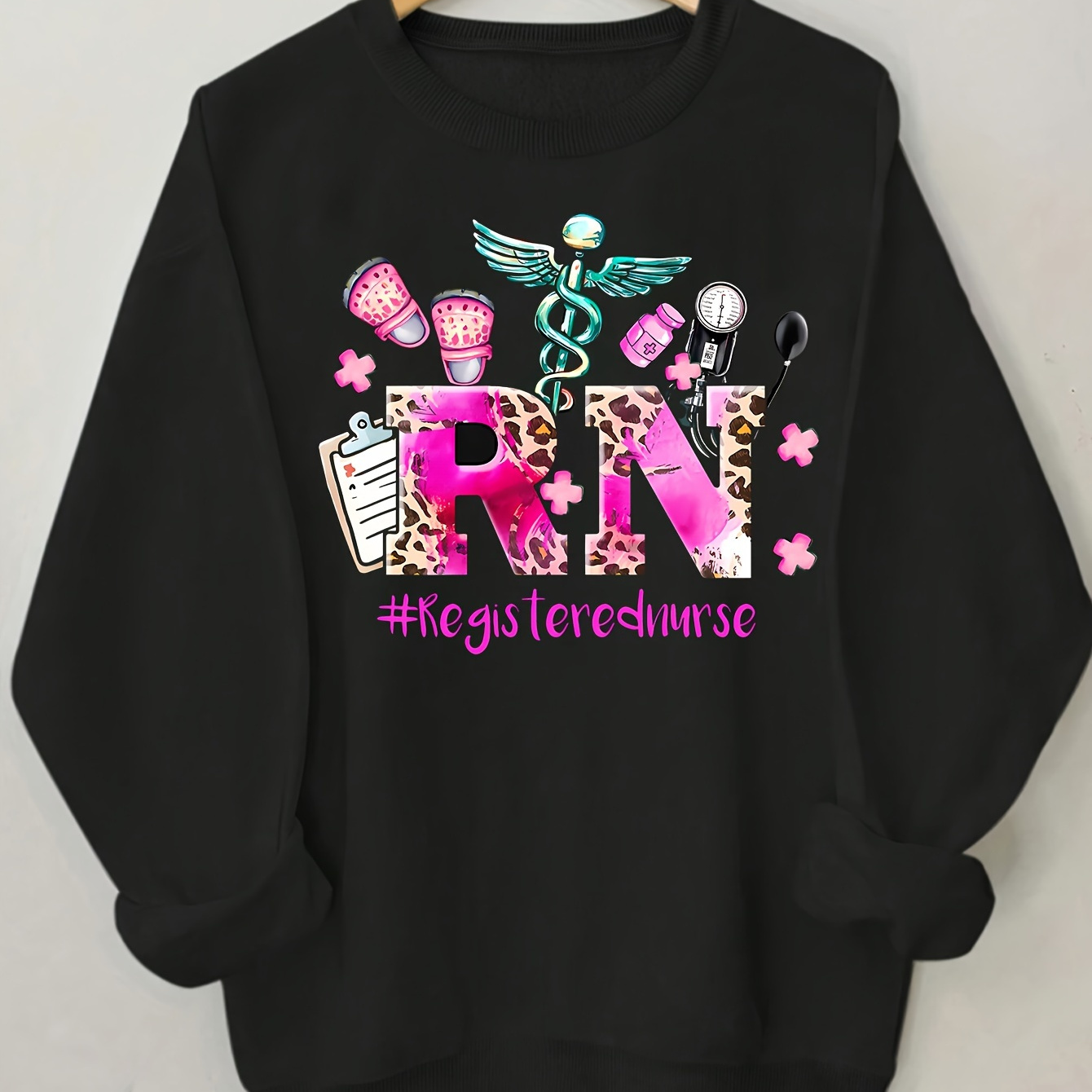 

Registered Nurse Graphic Sweatshirt - 100% Polyester Casual Crew Neck Long Sleeve Pullover For Women - Knit Alphabet Print Fashion Top For Spring/fall