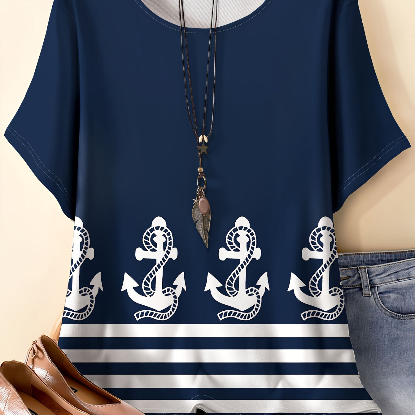 

Plus Size Anchor Print T-shirt, Casual Crew Neck Short Sleeve T-shirt, Women's Plus Size clothing