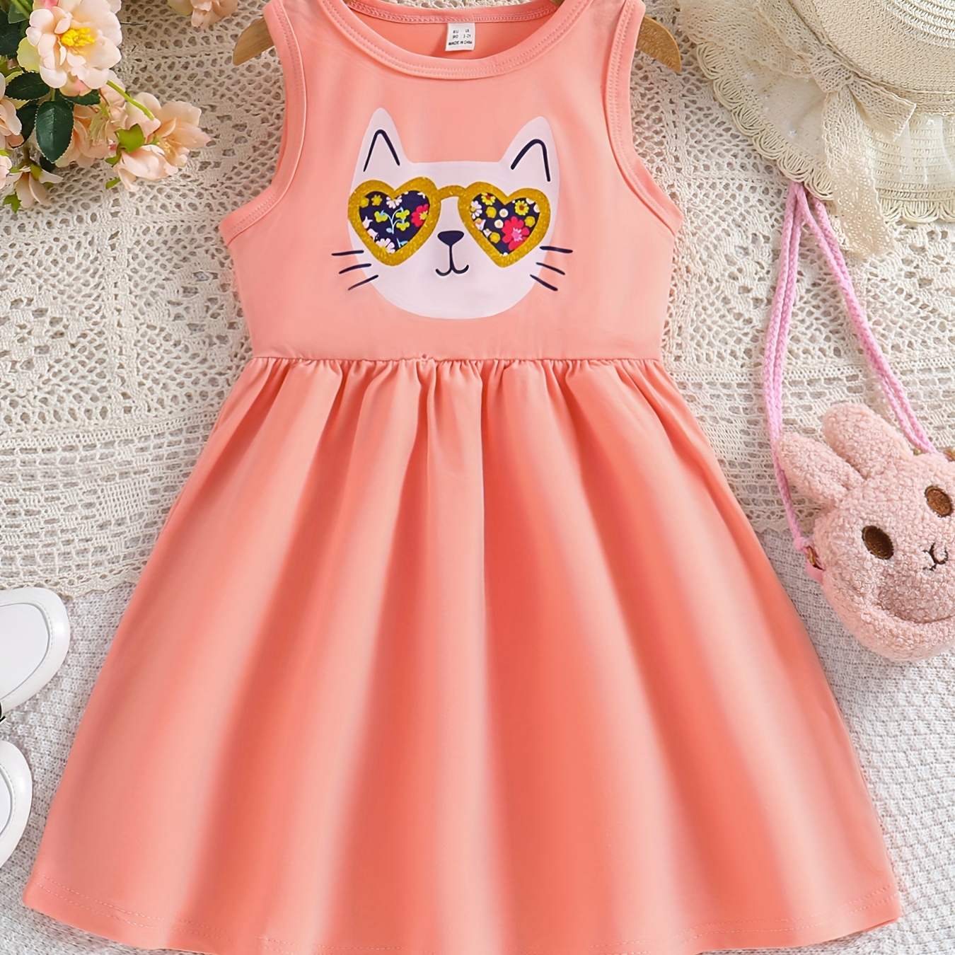 

Toddler Girl's Cartoon Cat Print Sleeveless Flared Summer Dress For Summer