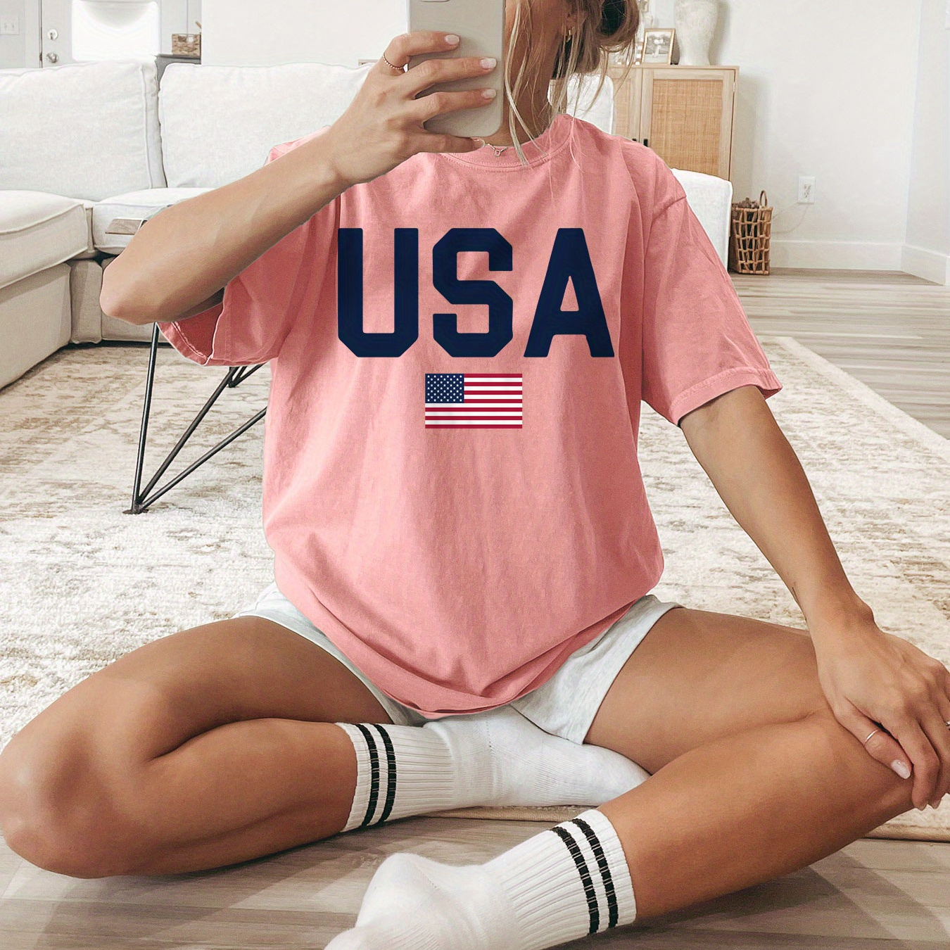 

Usa Print Crew Neck T-shirt, Casual Short Sleeve T-shirt For Spring & Summer, Women's Clothing