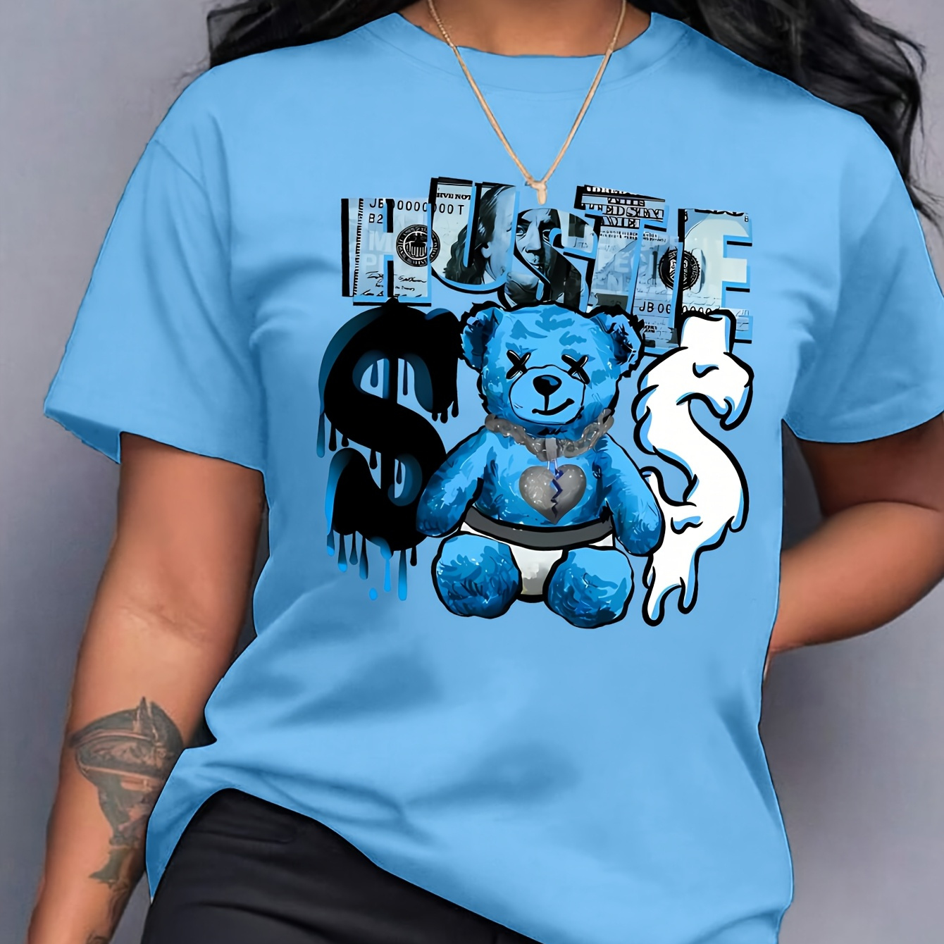 

Women's Casual Light Blue Teddy Bear Graphic Tee - Short Sleeve, Crew Neck, 100% Polyester, Machine Washable - Soft & Relaxed Fit