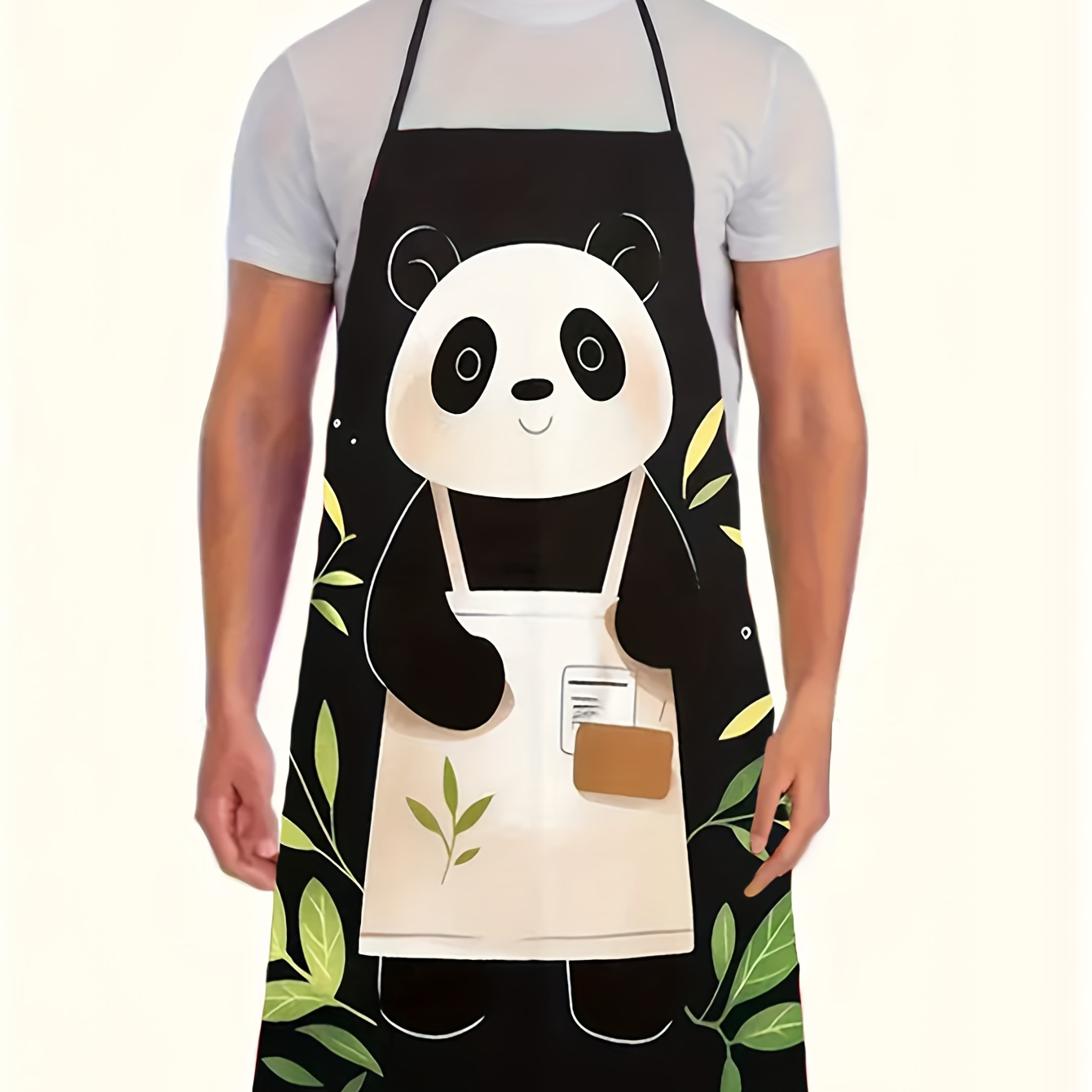 

1pc Stylish Cartoon And Bamboo Pattern Apron For Men And Women, Polyester, Adjustable Tie, Non-stretch Fabric