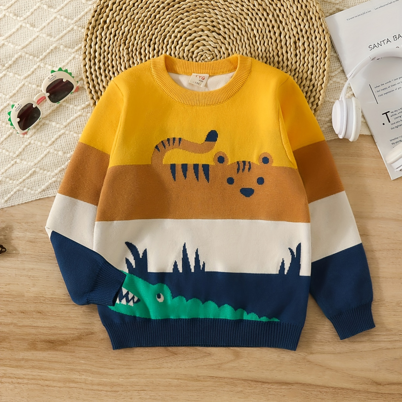 

Boys Cartoon Tiger And Crocodile Pattern Sweater Round Neck Long Sleeve Stretch Warm Knit Pullover Clothes Outdoor