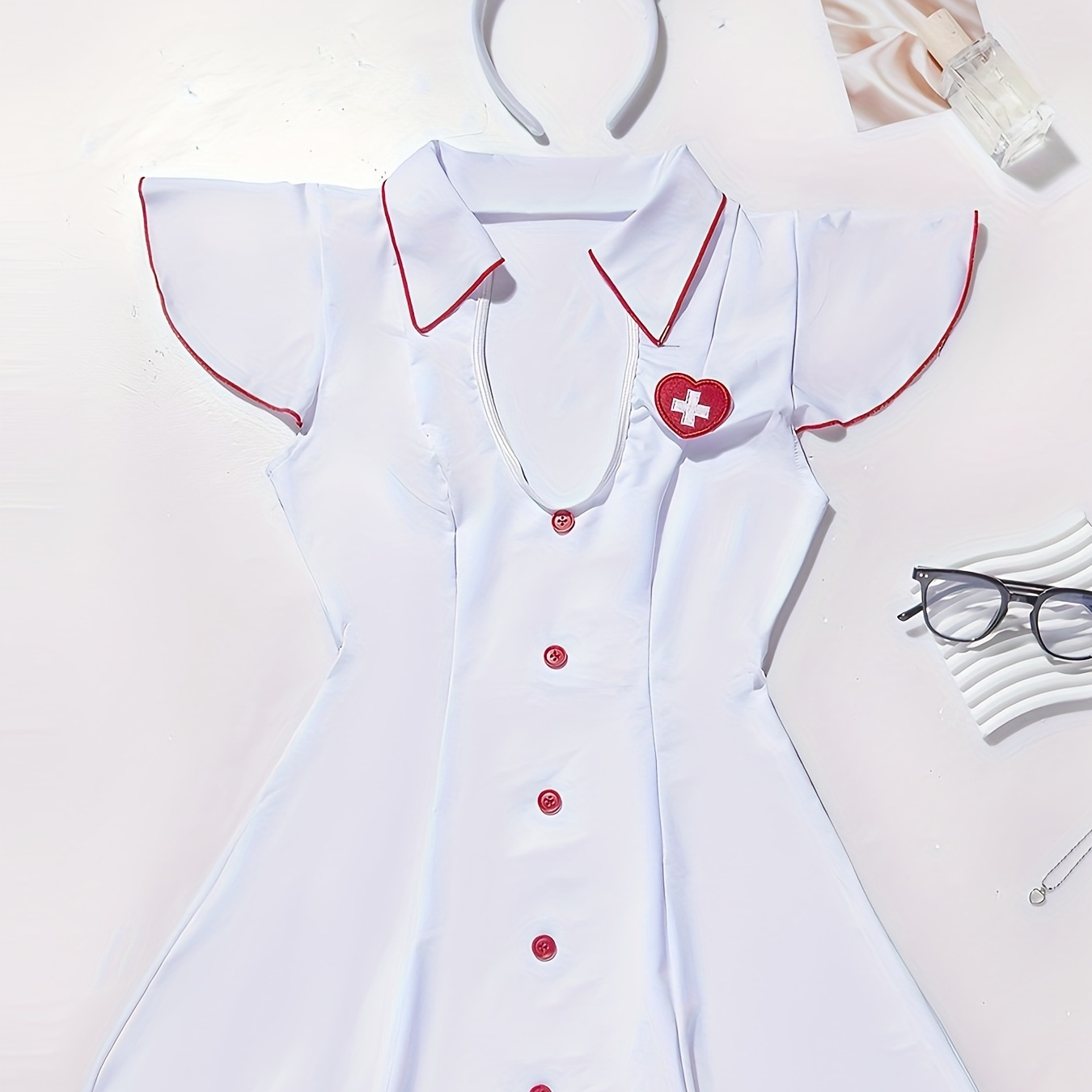 

Women's 2-piece Nurse Costume Set - Sexy V-neck Polyester Knit Fabric With Elastane, Solid Color Dress With Button , Role Play Outfit