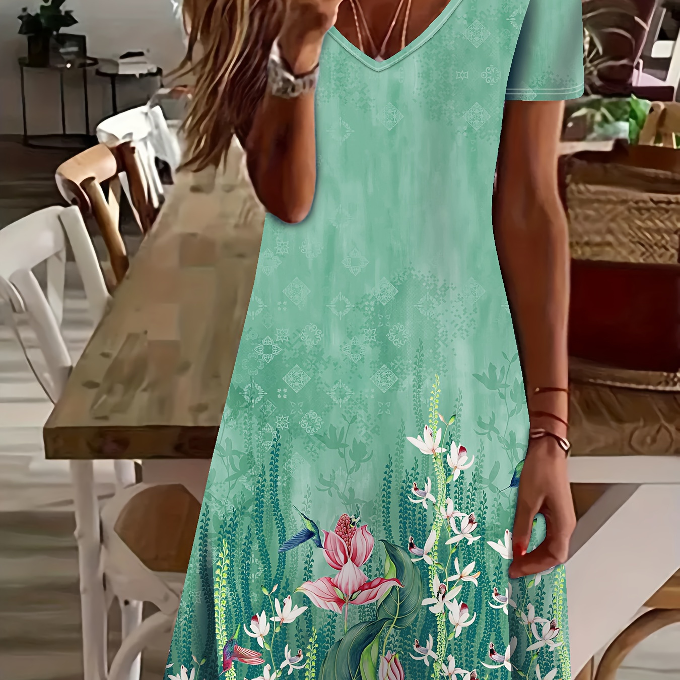 

Floral Print V-neck Dress, Vintage Short Sleeve Dress For , Women's Clothing