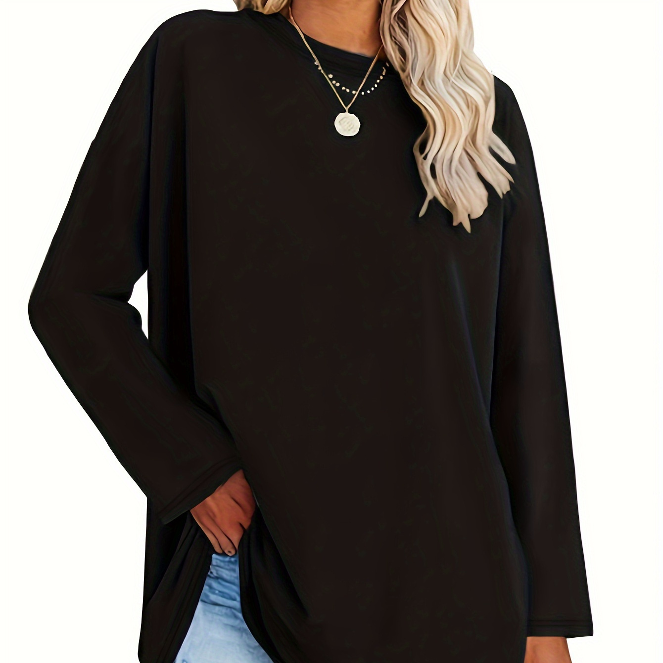 

Plus Size Casual T-shirt, Women's Plus Solid Long Sleeve Round Neck Medium Stretch Tunic Top