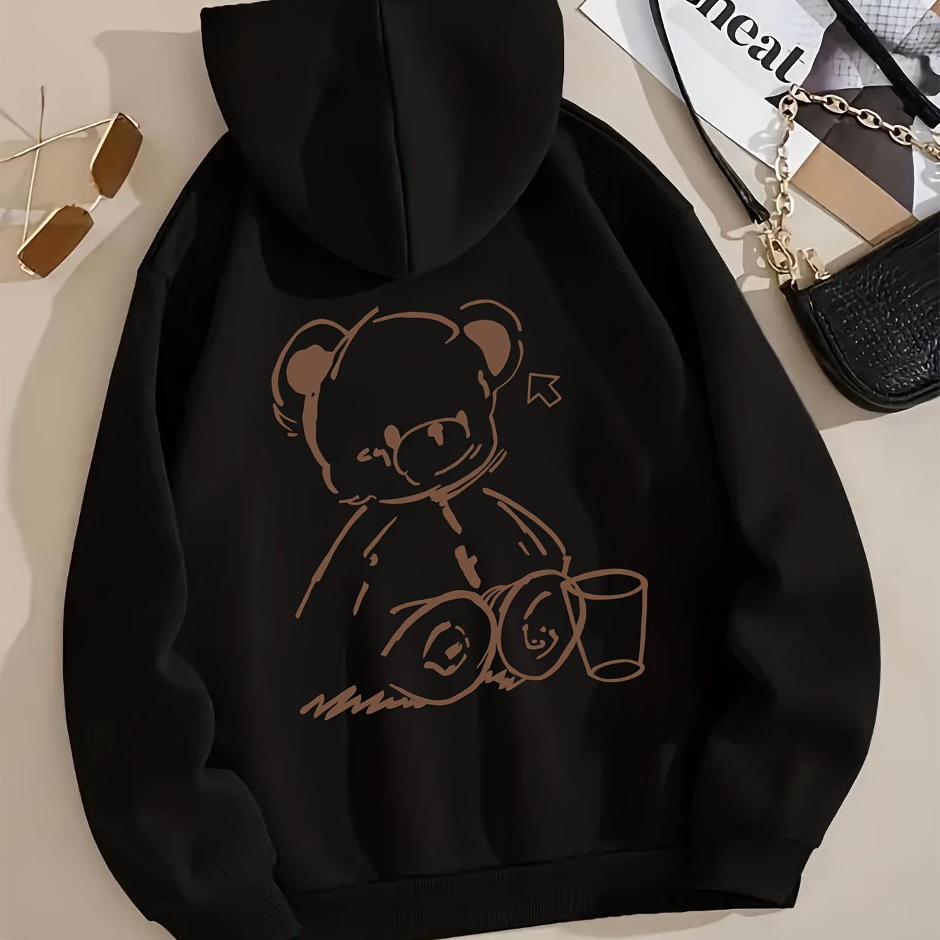 

Bear Graphic Drawstring Causal Sports Hooded Sweatshirt, Long Sleeves Pullover Kangaroo Pocket Hoodie, Women's Activewear