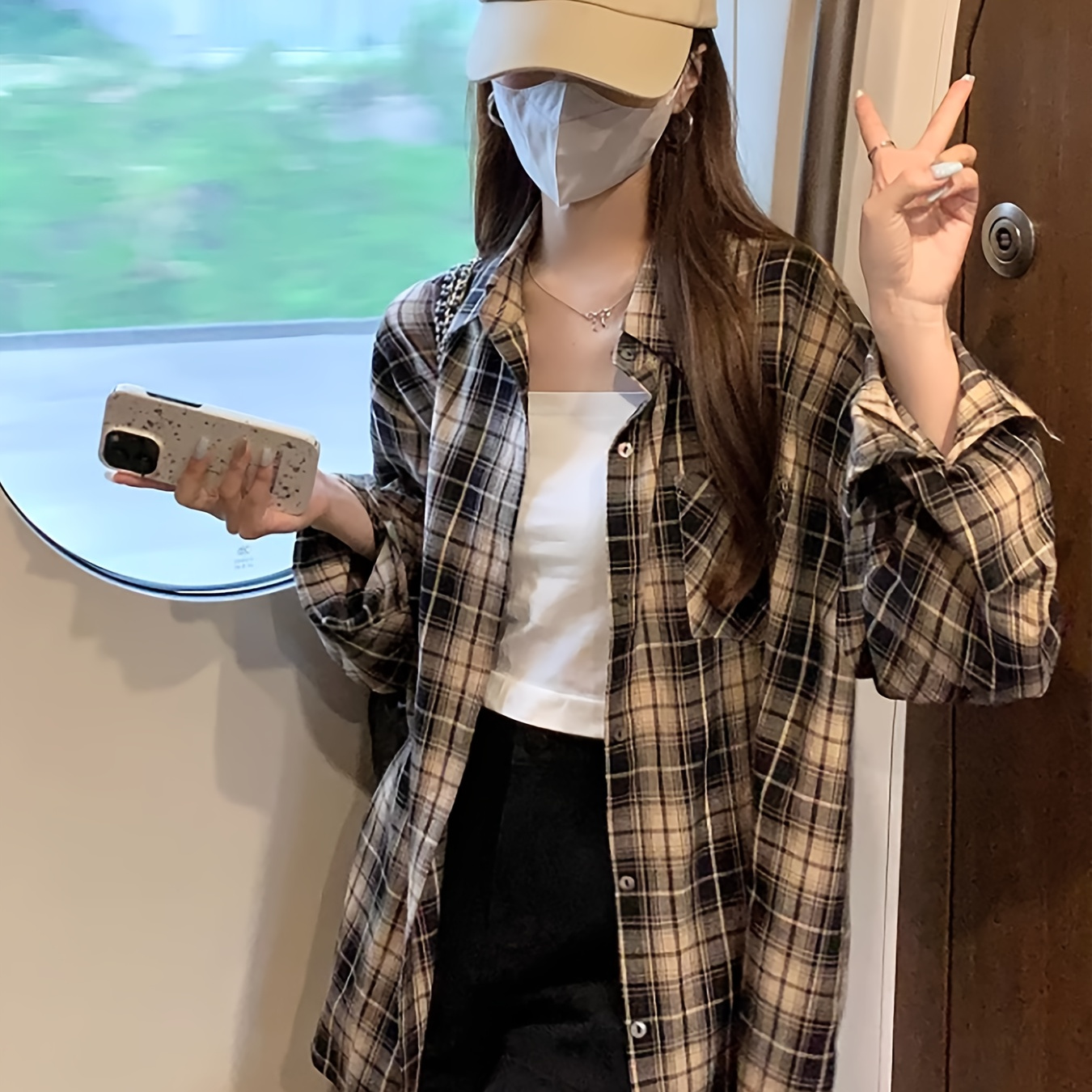 

Plaid Pattern Loose Button Front Shirt, Casual Long Sleeve Shirt For Spring & Fall, Women's Clothing