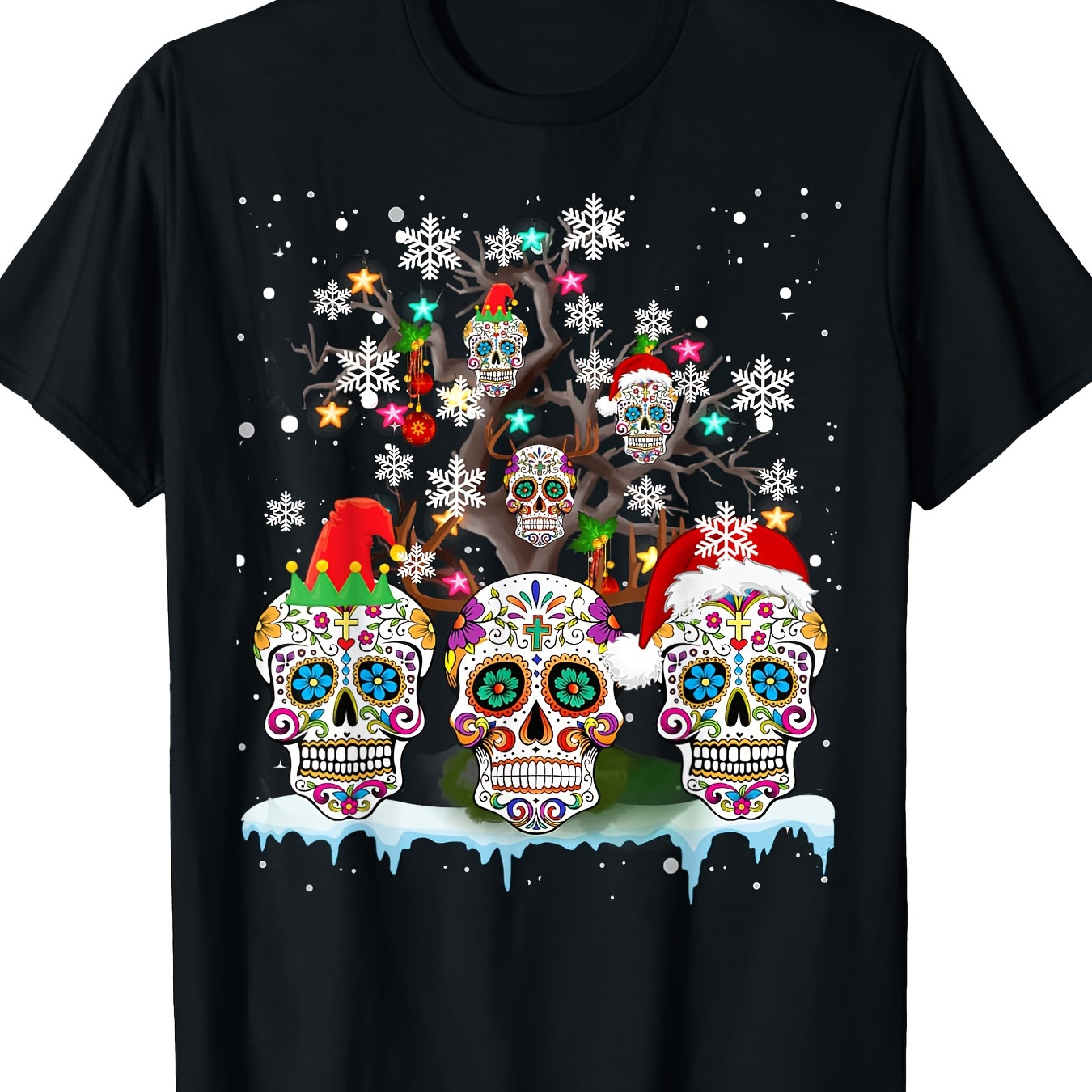 

Christmas Sugar Skull On Tree Funny Santa T-shirt-220g 100% Cotton