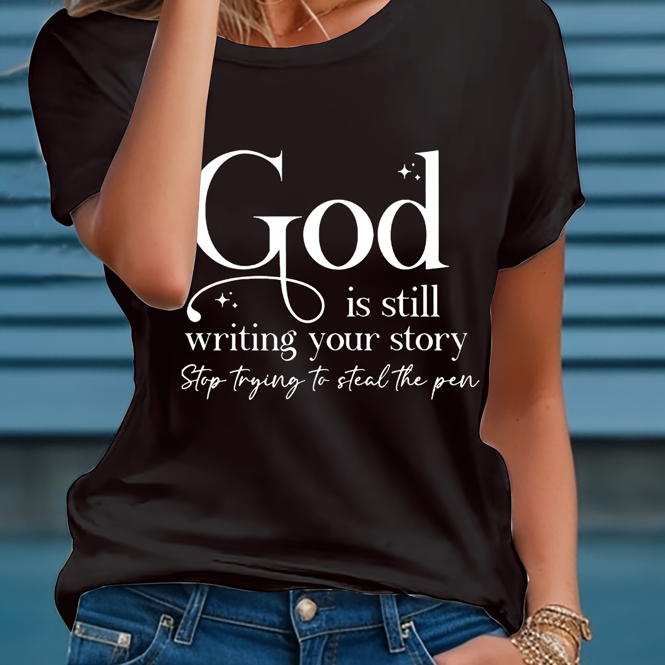 

God Letter Print T-shirt, Short Sleeve Crew Neck Casual Top For Summer & Spring, Women's Clothing