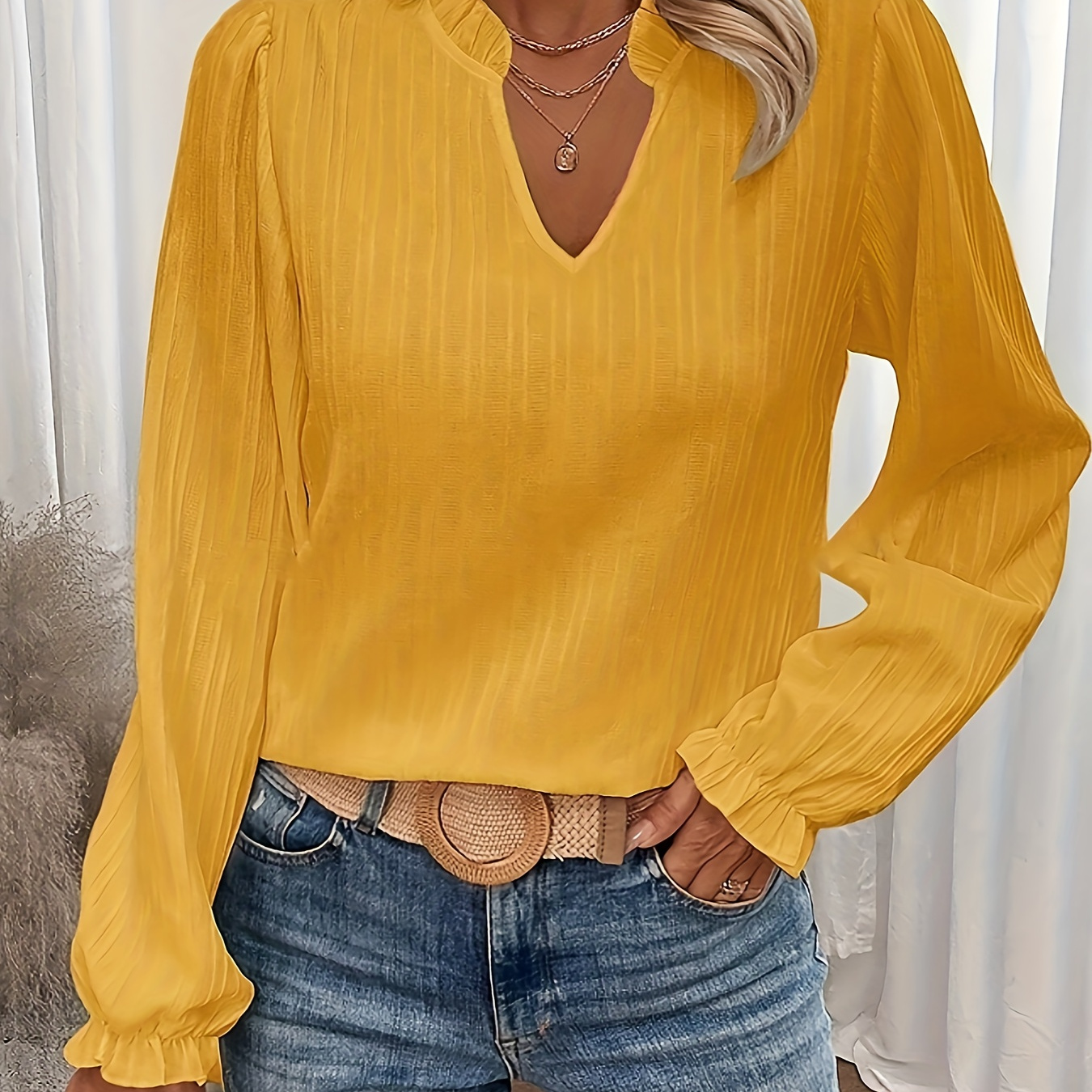 

Notched Neck Textured Simple Blouse, Elegant Long Sleeve Solid Color Blouse For Spring & Fall, Women's Clothing