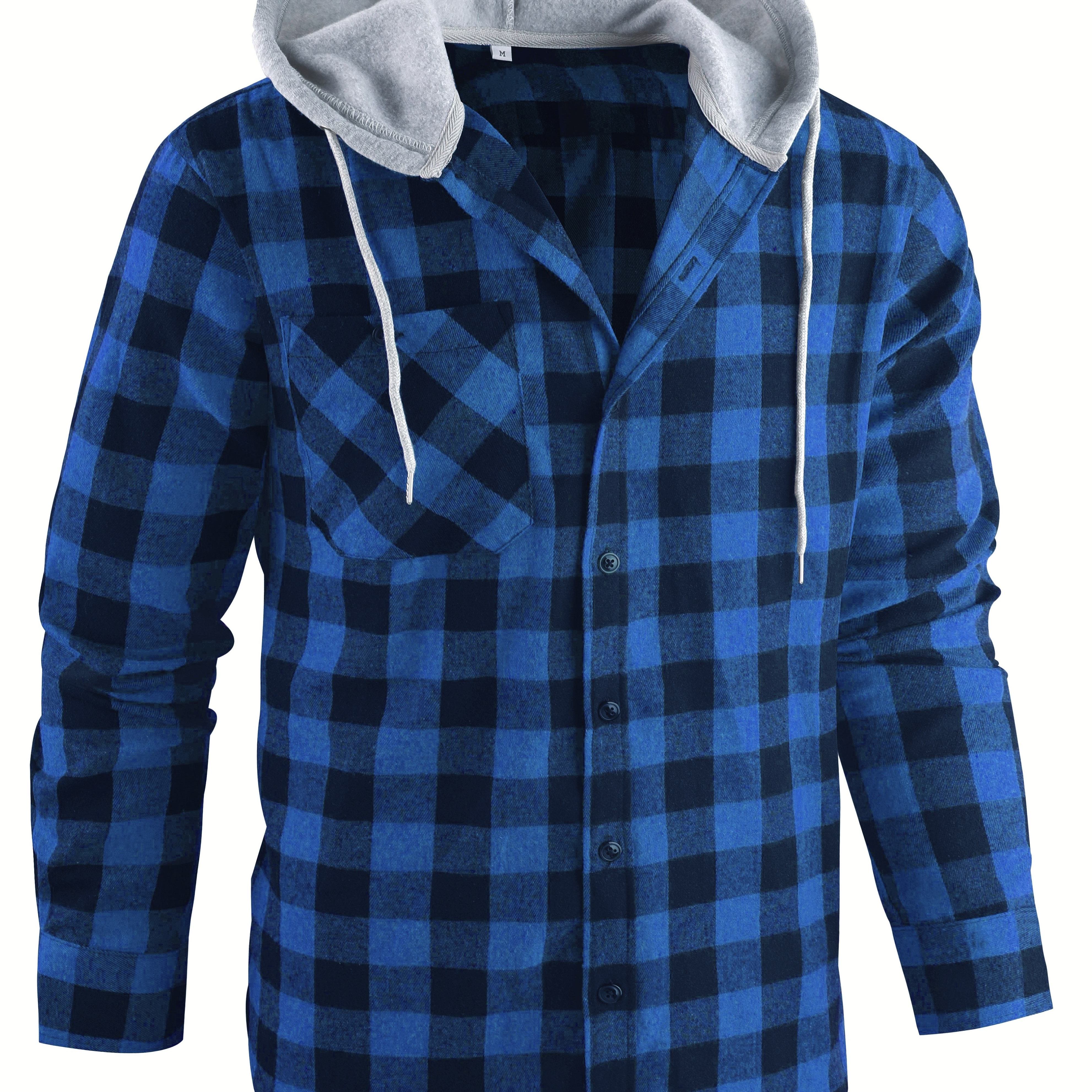 

Drawstring Hooded Flannel Shirt, Men's Casual Various Colors Plaid Button Up Shirt For Spring Summer