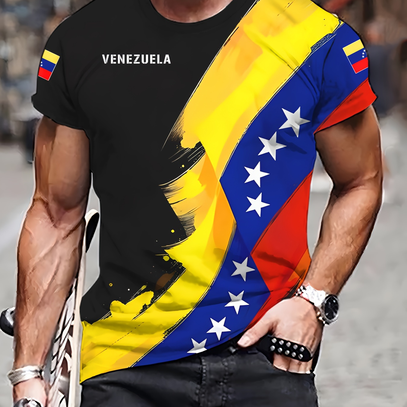 

Venezuela Themed Pattern Print Men's Crew Neck Short Sleeve T-shirt, Casual Summer T-shirt For Daily Wear And Vacation Resorts