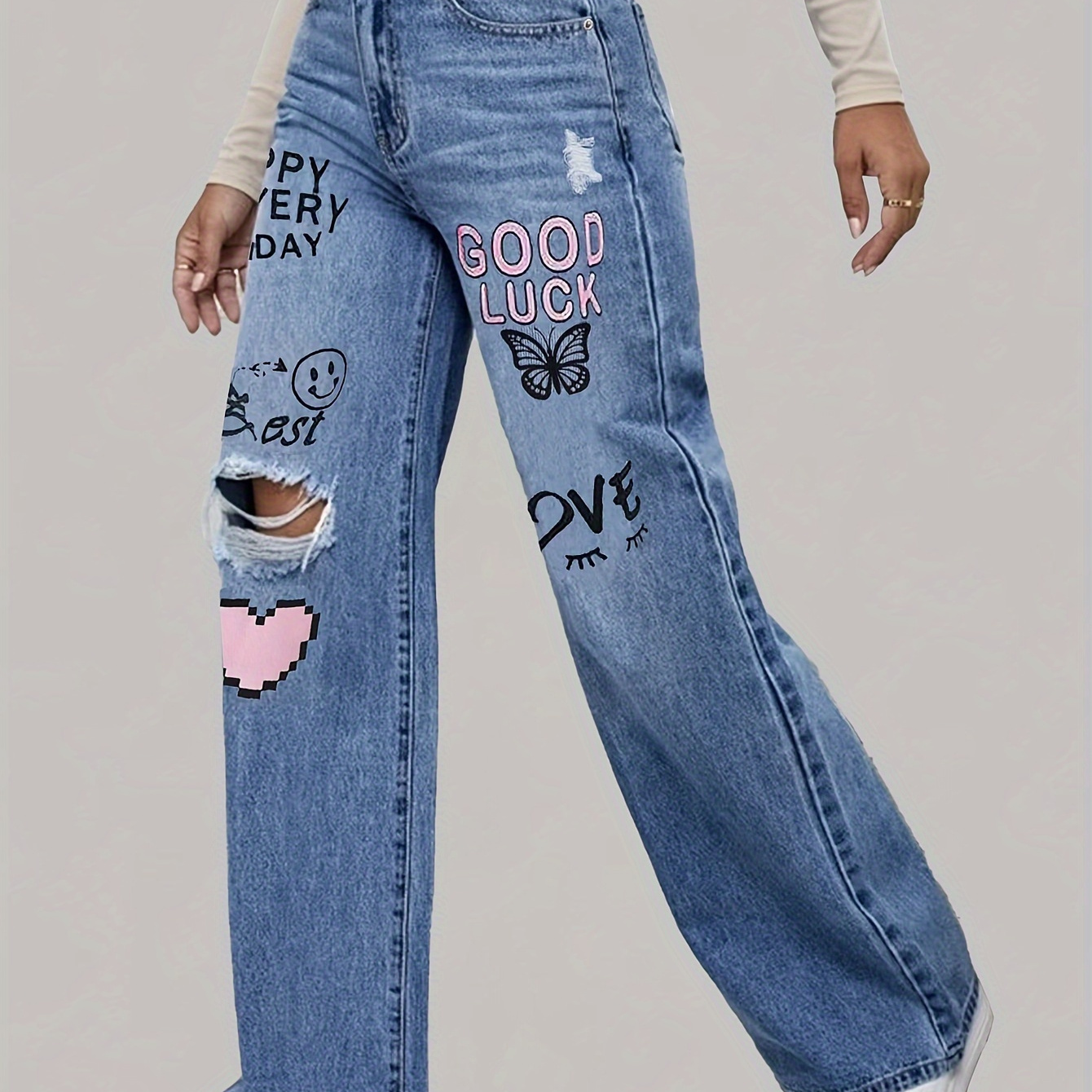 

Women's Casual Printed Jeans, Wide-leg Denim Pants With Ripped Details And Positive Messages Print, Fashionable Streetwear