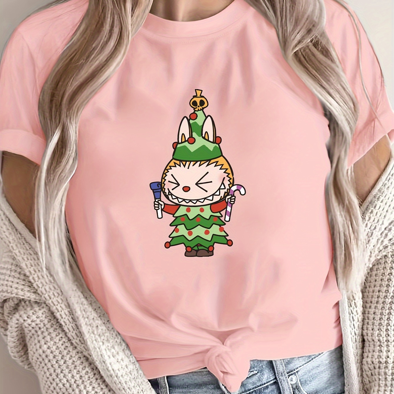 

Labubu Christmas Anime Print Round Neck T-shirt - Casual Short Sleeve Knit Fabric Top For All