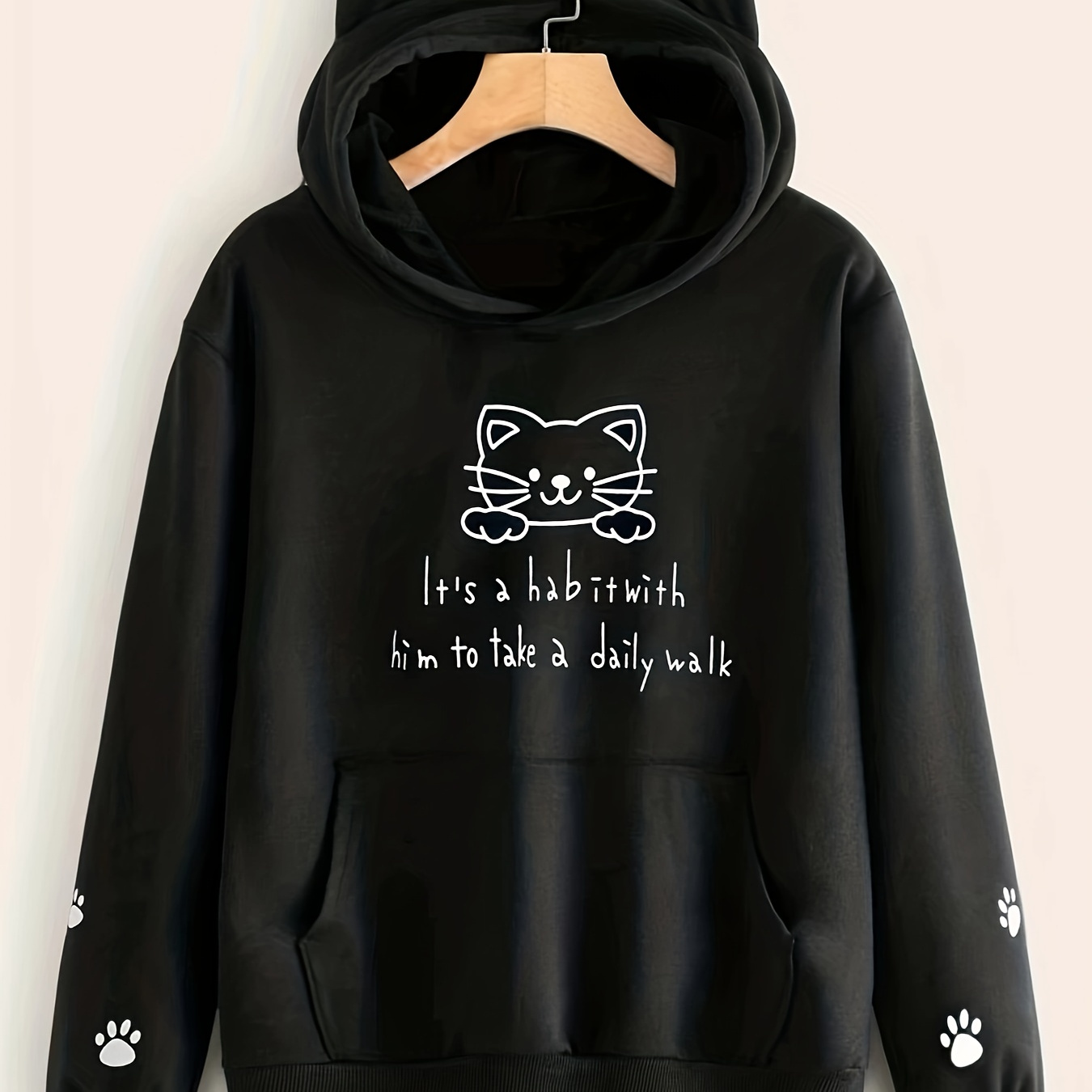 

Cat Print Hoodie For Women - Casual Black Pullover With Kitten & , Long Sleeves, Machine Washable, Polyester & Elastane , Cat Hoodie