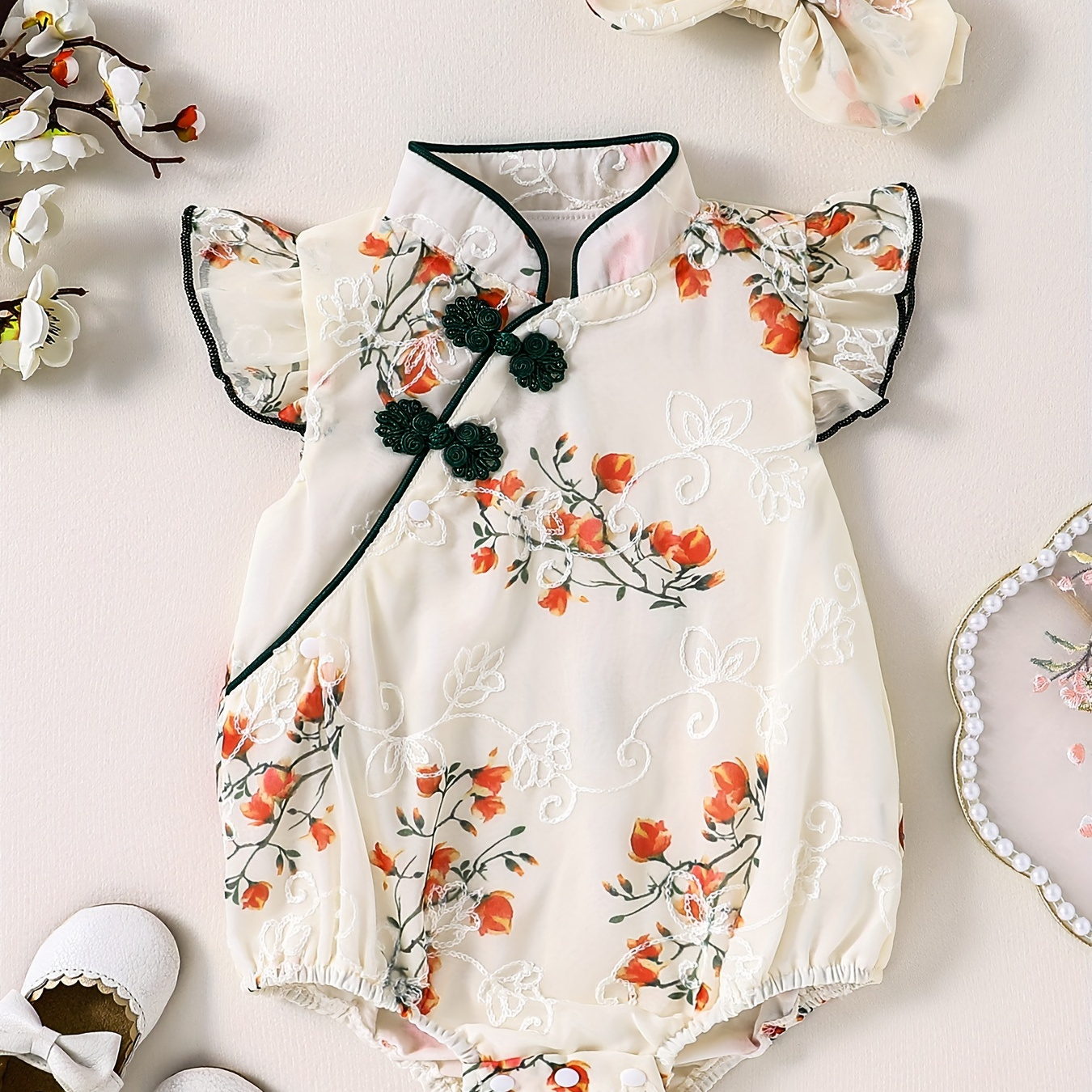 

Baby's Flower Embroidered Cheongsam Style Bodysuit, Stylish Stand Collar Cap Sleeve Triangle Onesie, Toddler & Infant Girl's Clothing, As Gift