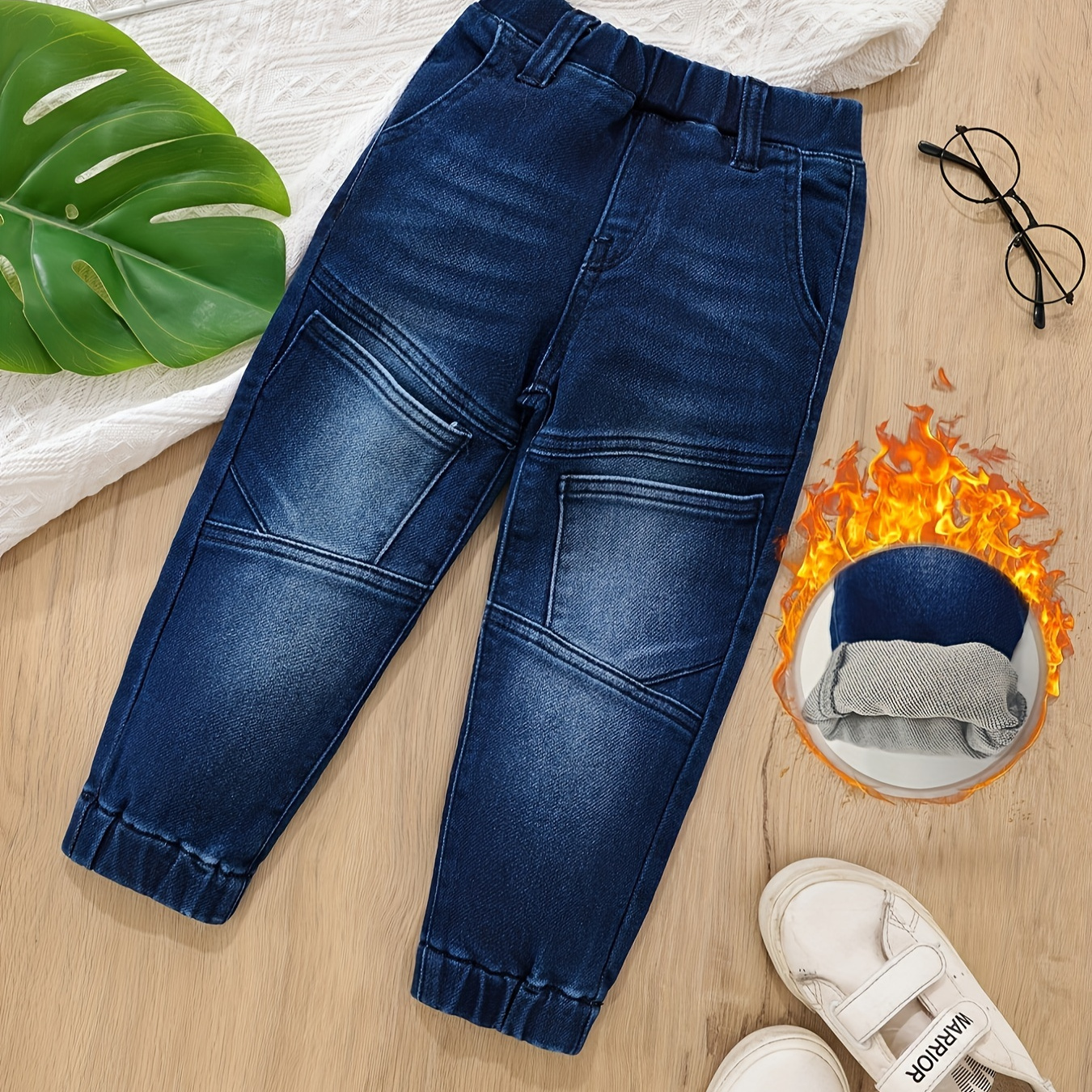 

Pantalon de jogging en denim polaire chaud pour garçons avec poche avant, jeans à taille élastique confortables pour l'hiver et l'automne