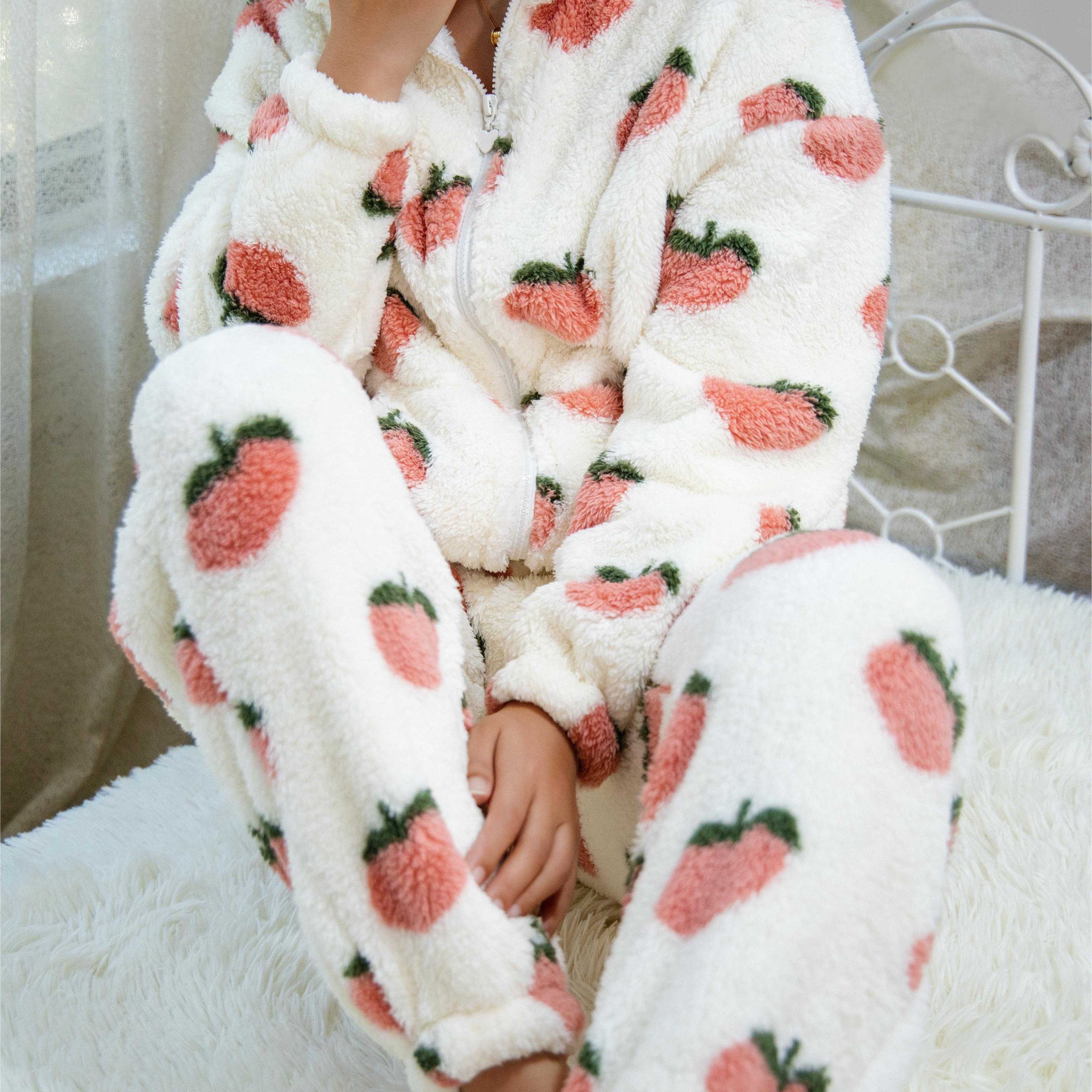 

Cozy Peach Print Fleece Pajama Set For Women - Long Sleeve Zip-up Jacket With Pockets & Warm Plush Pants, Fall/winter