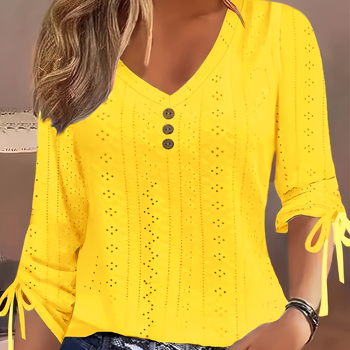 

Plus Size Solid Eyelet Cutout T-shirt, Elegant Drawstring Long Sleeve Button Front V Neck Top For Spring & Fall, Women's Plus Size Clothing